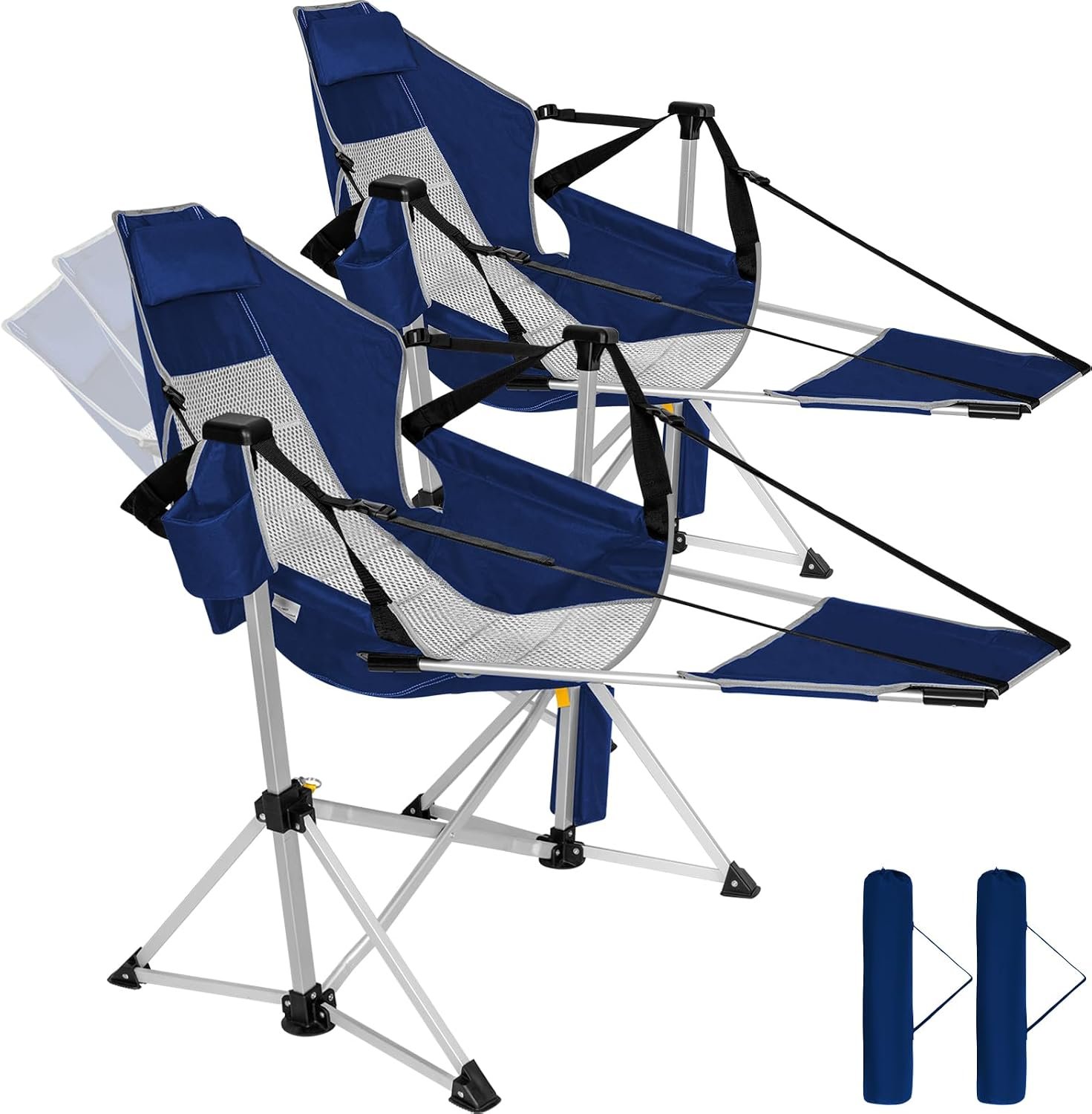 2 Pack Oversized Swing Hammock Camping Chairs with Footrests & Headrests, 440LBS Aluminum Reclining Outdoor Lounge Chairs, 49″ Tall Folding Chairs with Cup Holders,Blue