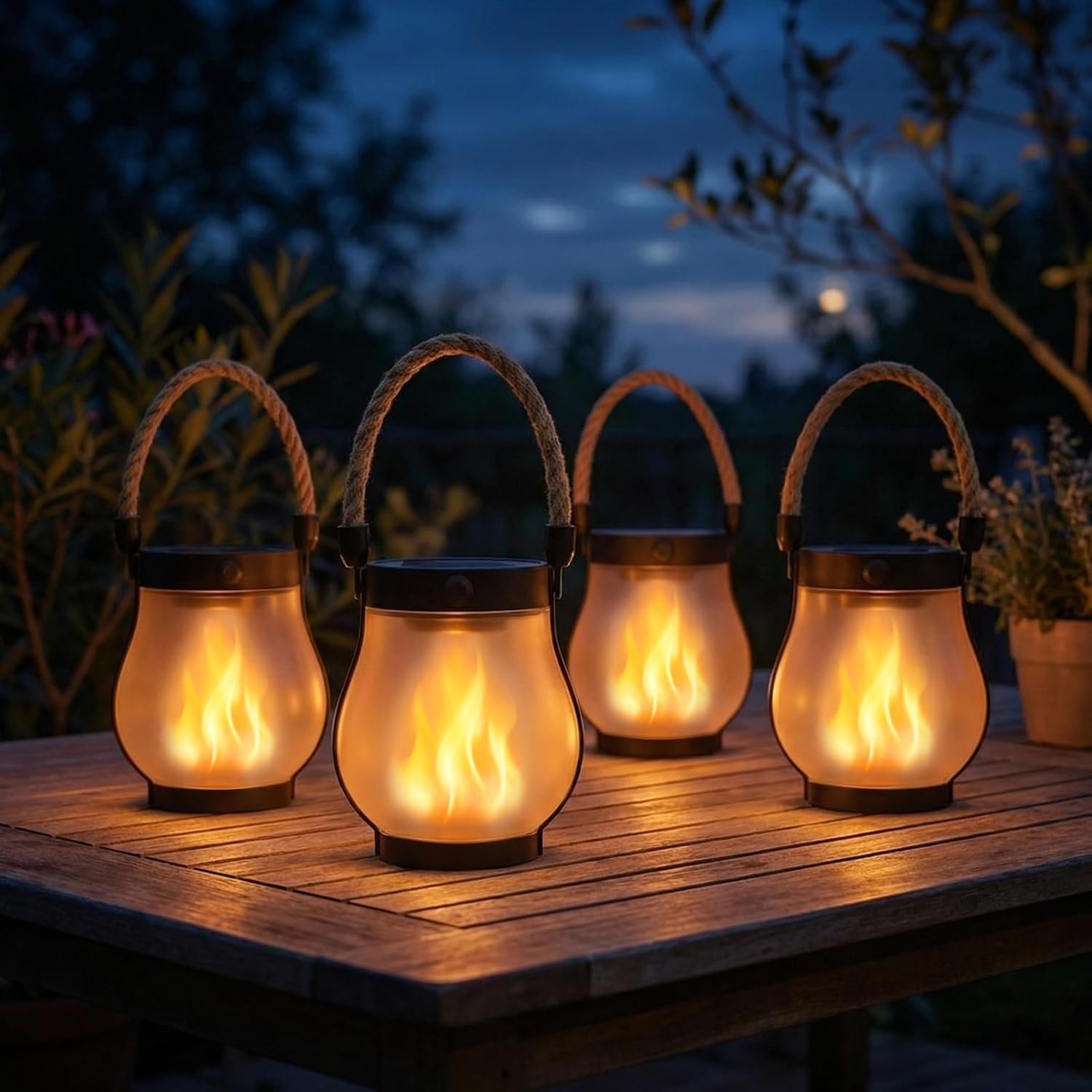Solar Lanterns Outdoor Waterproof 4 Pack, Outdoor Solar Lanterns with Flickering Flame Effect, USB-C & Solar Charging, Auto Dusk to Dawn, Hanging Light for Garden Patio Yard