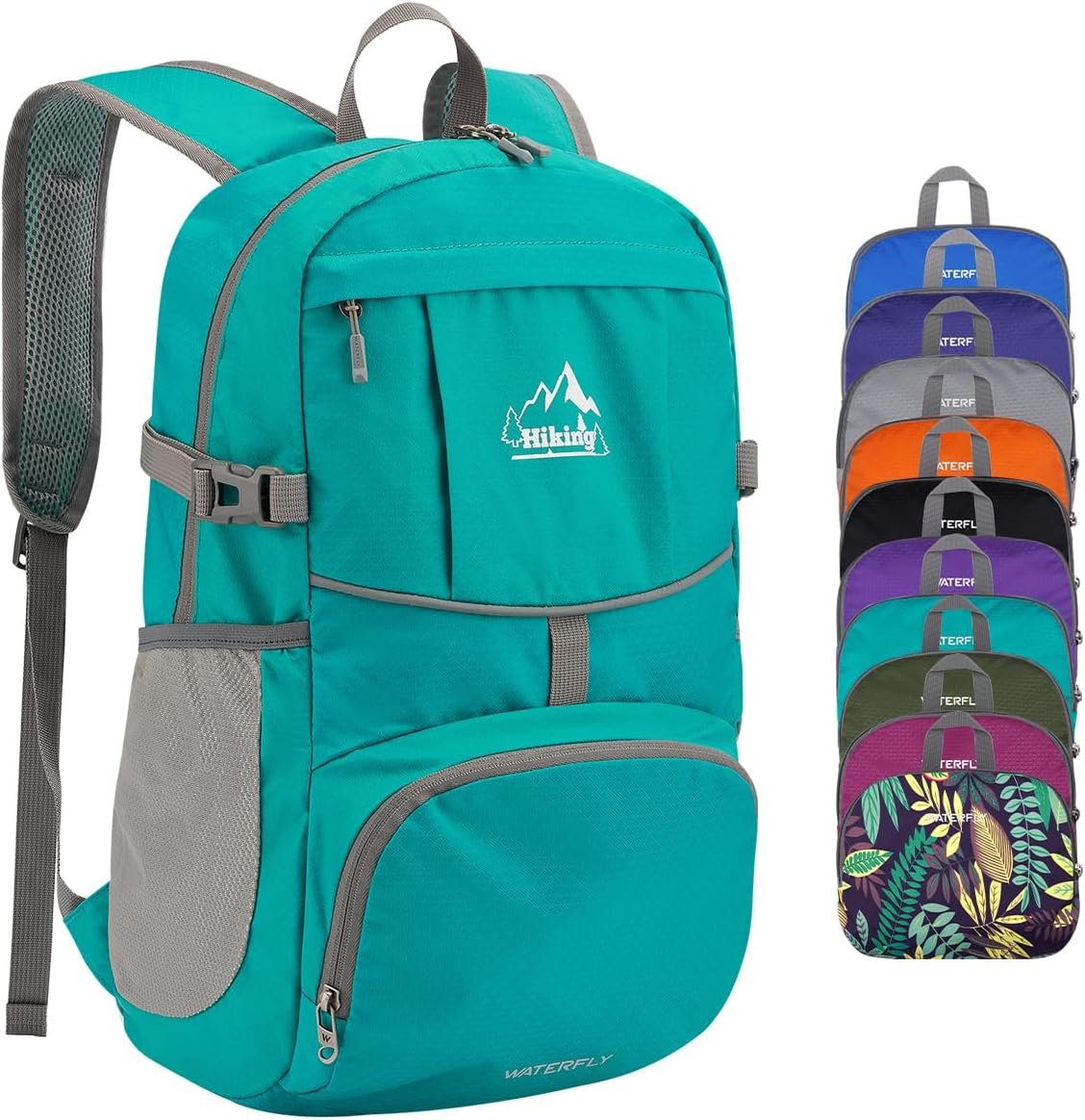 WATERFLY Hiking Packable Daypack Backpack: 25L Ultra Lightweight Day Pack for Women Men – Small Compact Folding Back Pack for Outdoor Sport Cycling Camping Travel Trip – Turquoise