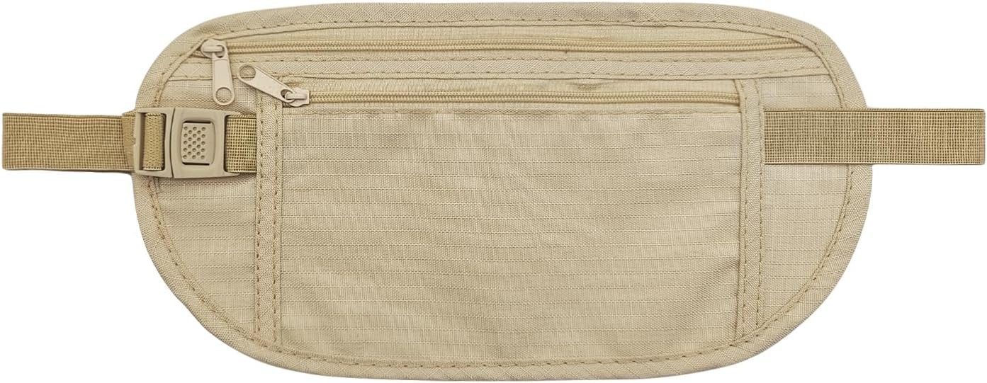 FuninCrea Money Belt, Nylon Fanny Pack Hidden Belt Bag with RFID Blocking for Women Men, Anti-theft Waist Pack Under Clothes with Adjustable Buckle for Travel, Running, Hiking, Cycling (khaki)