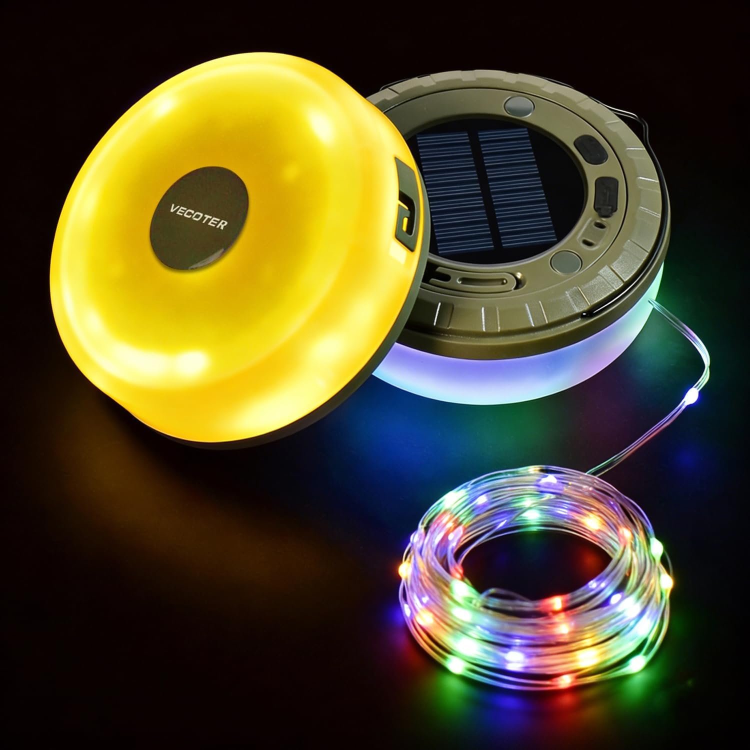 Solar Camping String Lights, 4 in 1 Camping Light with 32.8ft Retractable Fairy Lights – USB Rechargeable & IPX4 Waterproof, 5 Modes Portable Hanging Tent Lights for RV, Patio, Hiking