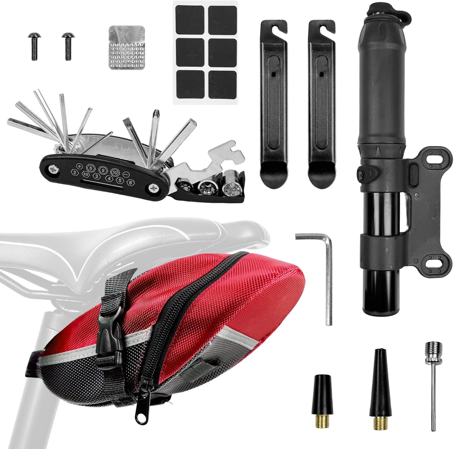 Bicycle Seat Bag Water Proof with Bike Tool Kit, Bike Repair Kit with Bike Tire Pump Red Bicycle Repair Kits Portable Wrenches Glueless Tire Patchs 15 in 1