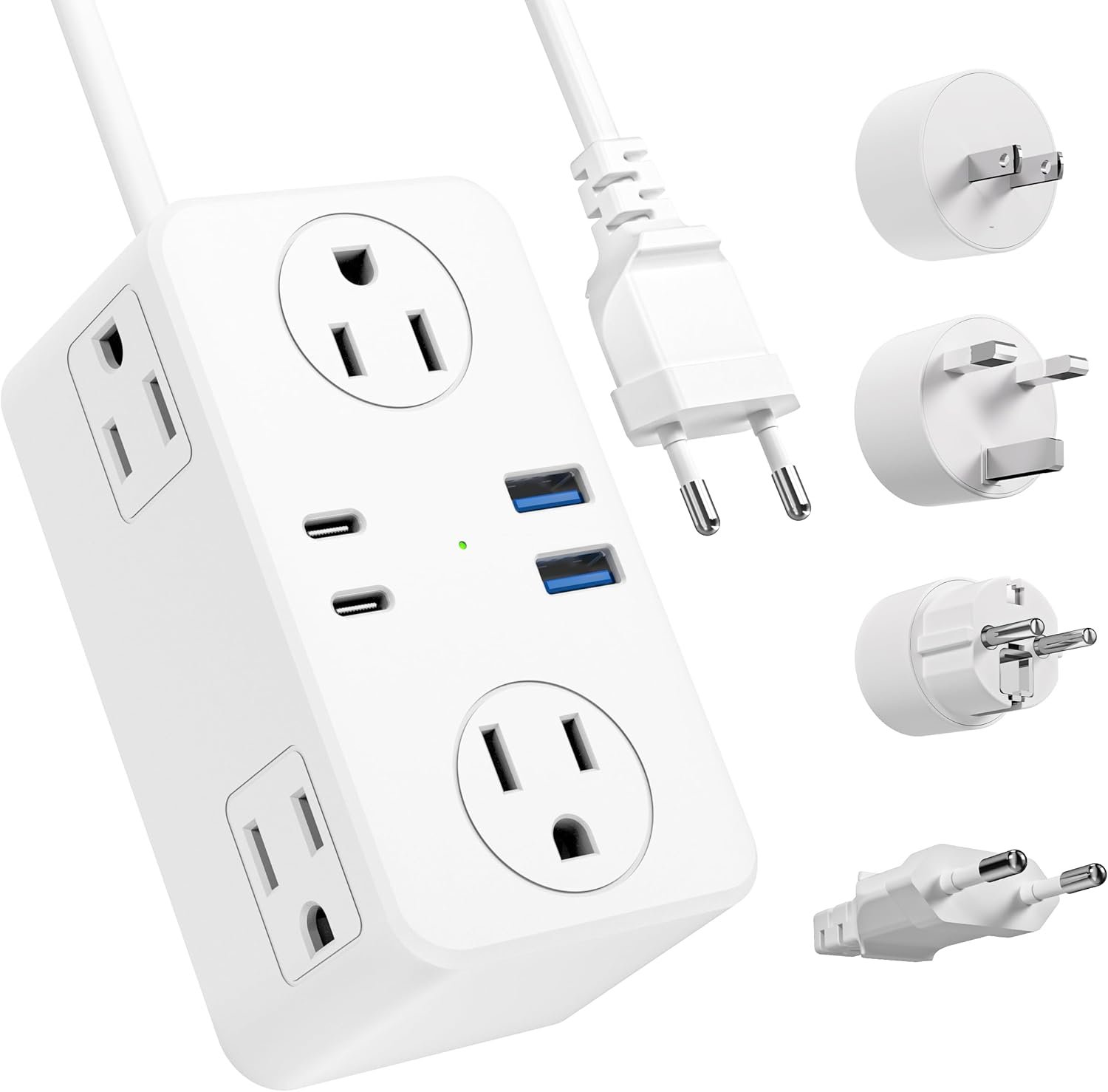 Kakyanill European Travel Plug Adapter, EU/UK/US Travel Plug Adapter Power Strip, 6 AC Outlets, 4 USB Ports (2 USB C), 3ft Wrapped Around Extension Cord, Universal Travel Adapter