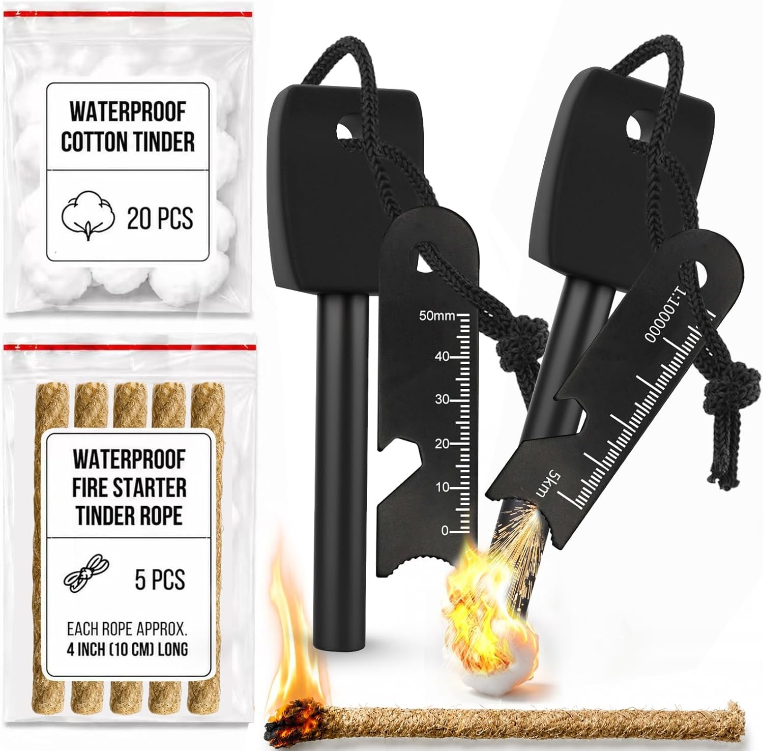 27-Piece Ferro Rod Fire Starter Survival Kit with Striker & Ropes | 20 Waterproof Tinder Balls and 5 Tinder Ropes, Flint and Steel for Camping, Hiking, Backpacking, Bushcraft and Emergency