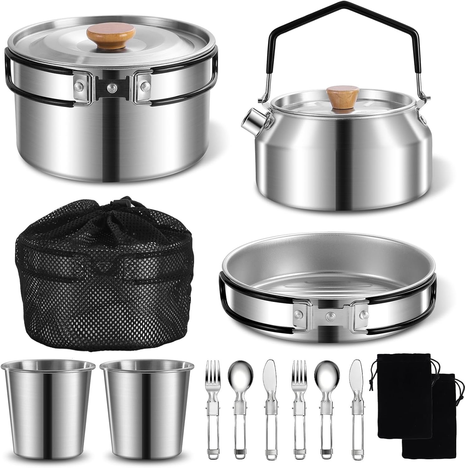 12pcs Outdoor Camping Cookware Kit, Lightweight Stainless Steel Kettle, Non-Stick Pot and pan, with Fork Spoon Kits Suitable for picnics and Backpacking Trips