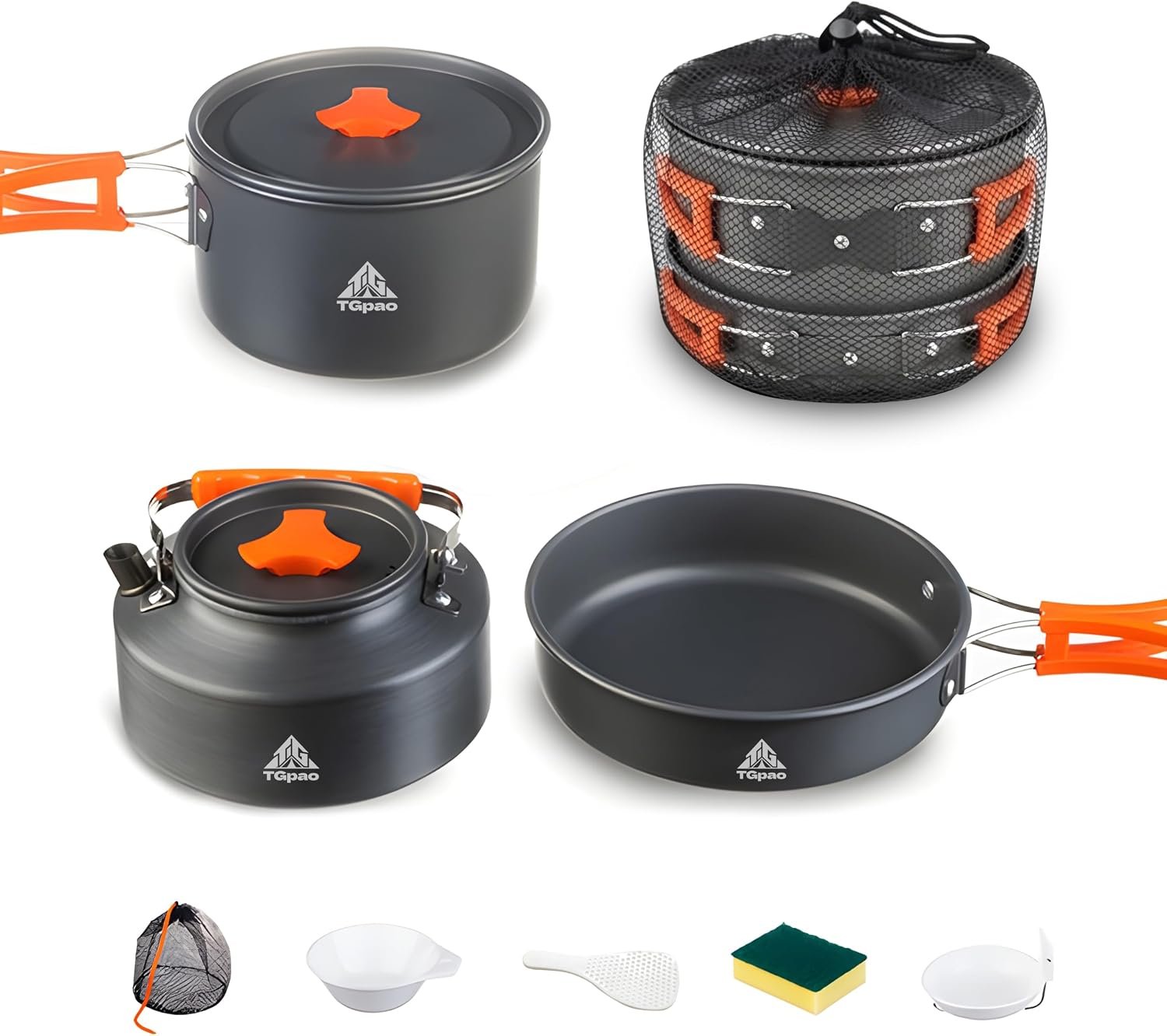 Collapsible Camping Cookware Set, Portable 4-in-1 Outdoor Camping pots and Pans Set with Nonstick Frypan, Pot, Kettle & Carry Bag, Hard-Anodized Aluminum for Camping, Hiking (2-6 Person)