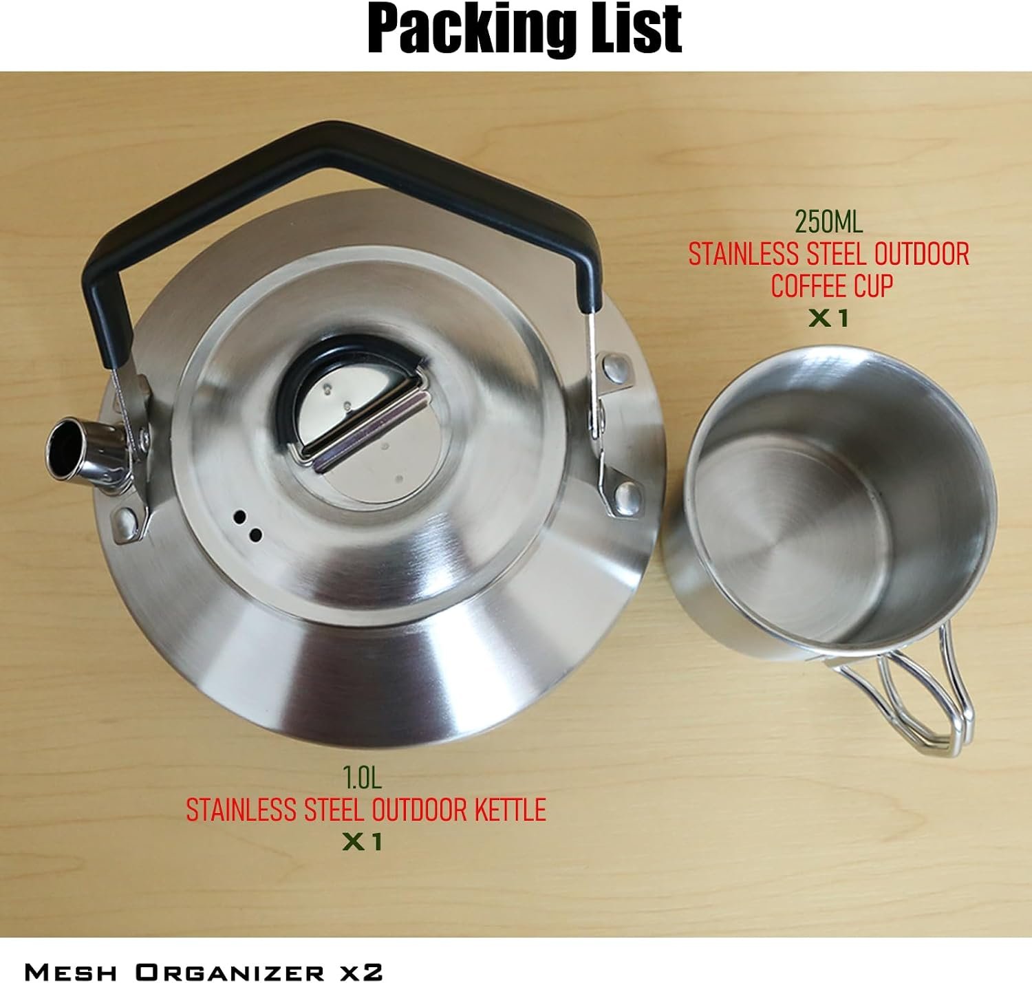Portable Camping Kettle Set with 1 Cup – Durable Campfire Kettle for Open Fire, Lightweight Stainless Steel Camp Tea Pot with Carrying Bag(1.0L / 1.1Qt)
