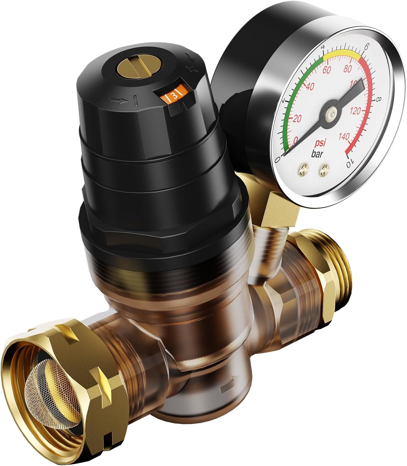 FOCSPROD RV Water Pressure Regulator, Rotatable Scale Adjustable Camper Water Pressure Reducer with Gauge, Inlet Screen Filter for Camper Travel Trailer
