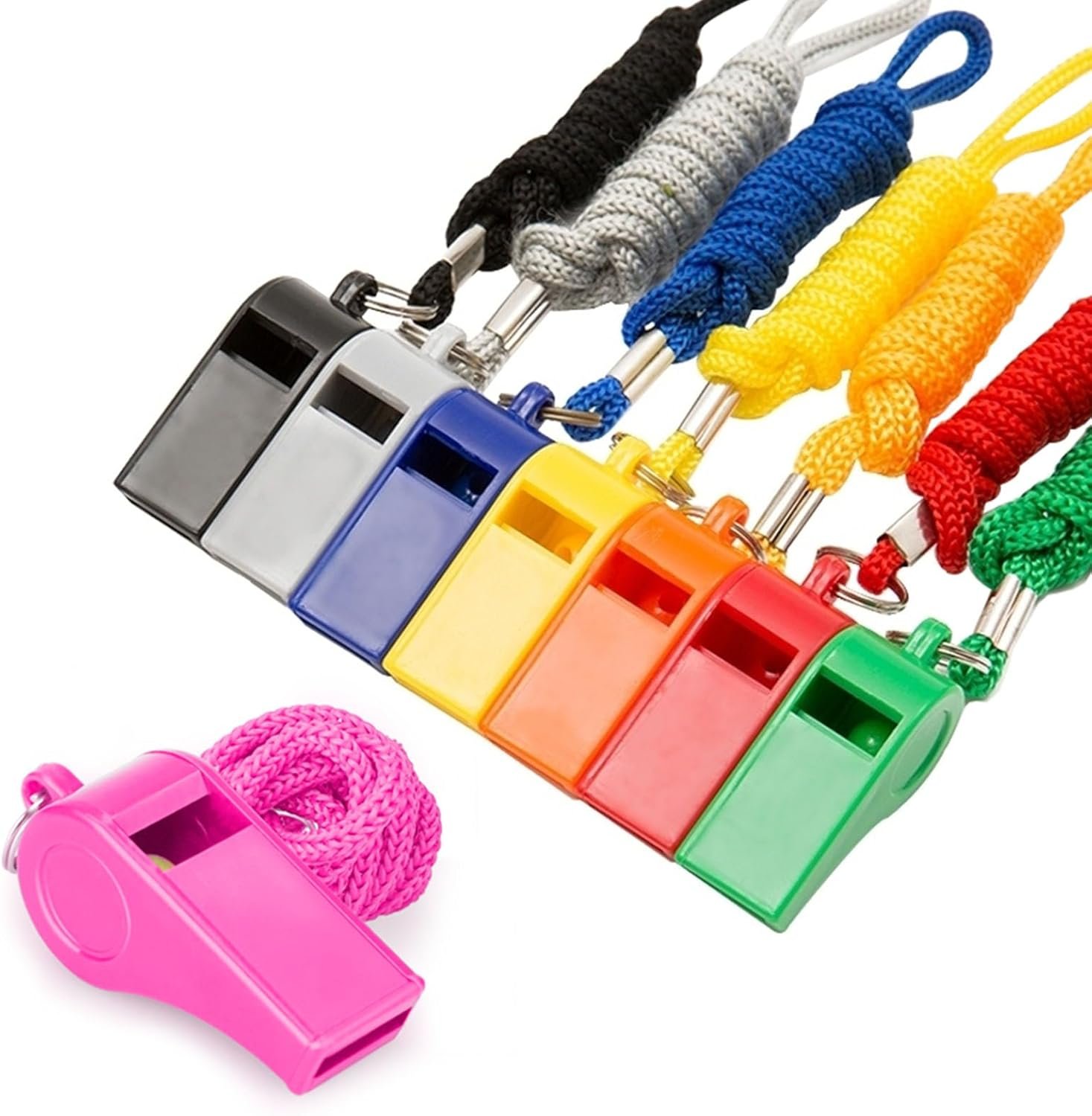 8-Pack Loud 120dB Safety Whistles with Lanyard – Bright Colored Plastic Emergency Whistles for Sports, Coaches, Lifeguards, Survival Kits & Outdoor Activities