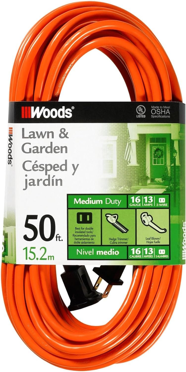 Southwire Woods 50ft Outdoor Extension Cord – Bright Orange, 16/2 Two-Prong – Durable SJTW Jacket for Landscaping & Light-Duty Power – Molded Plug