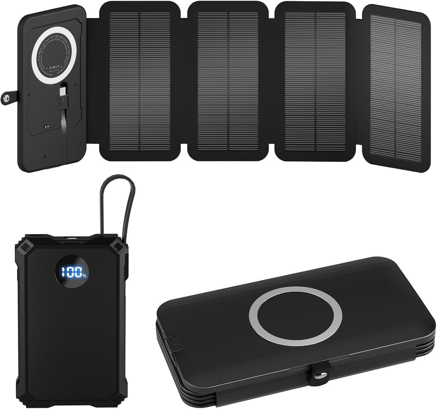 YELOMIN Solar Charger Power Bank 5000mAh with 4 Foldable Panels & 2 Built-in Cables, Wireless Portable Charger, Outdoor External Battery Pack with USB-C in/Output & SOS Flashlight for Camping Hiking
