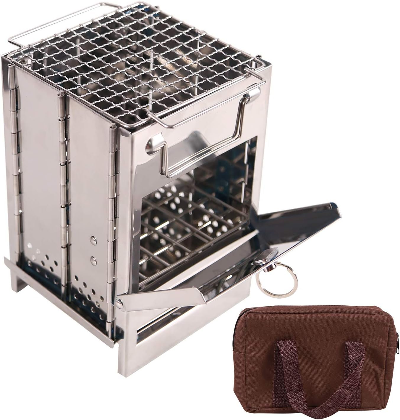 Portable Folding Camping Wood Stove for Outdoor Cooking, Sturdy Lightweight 304 Stainless Steel Wood Burning Camp Stove with Grill for Backpacking BBQ Small/Large (Small)
