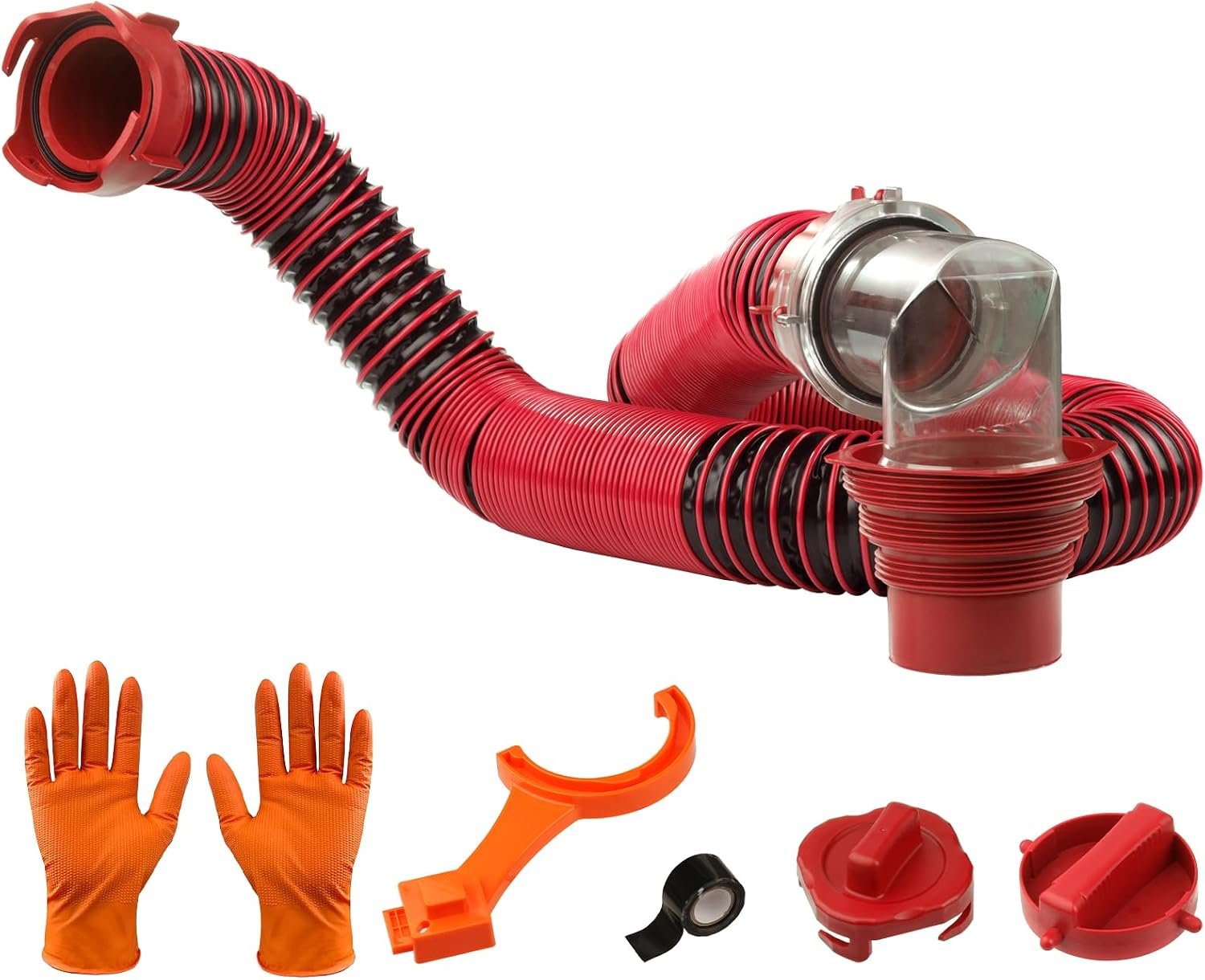 10FT RV Sewer Hose Kit: Heavy Duty Camper Waste Hose with Leak-Proof Swivel Fittings, 90° Clear Elbow, 4-in-1 Adapter, TPE Tech for Crush-Proof and UV-Resistant
