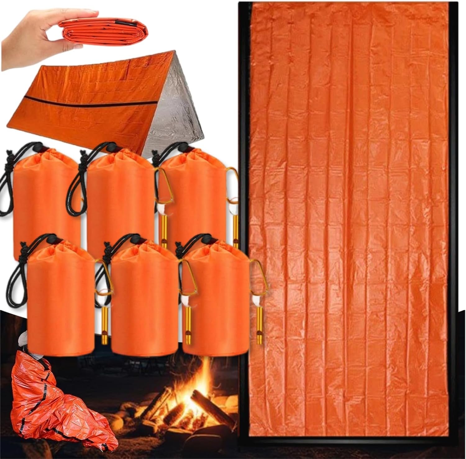 Emergency Sleeping Bag with Whistle, Portable Emergency Survival Bag, Lightweight Pocket Size Emergency Sleeping Bag, Waterproof Thermal Bivy Sack for Camping, Hiking