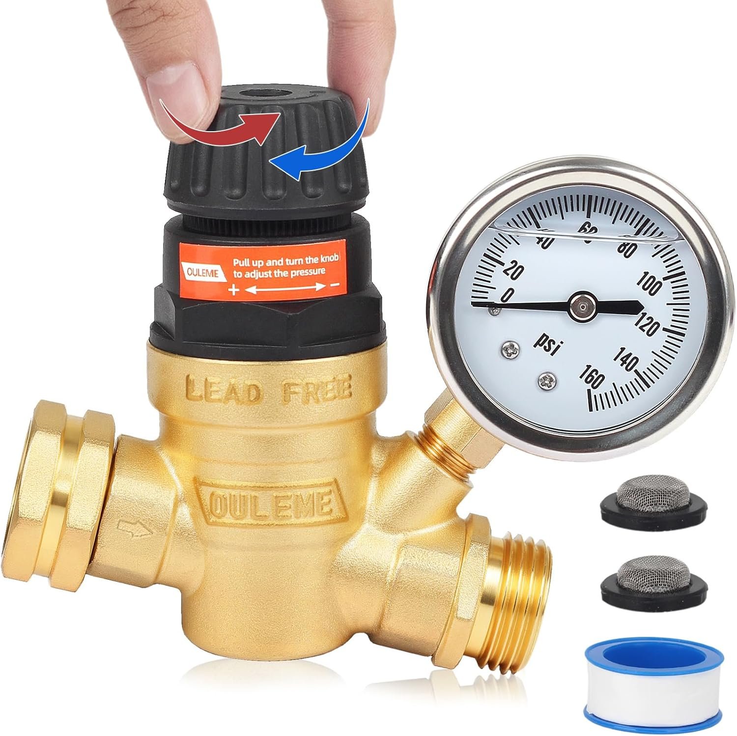 OULEME RV Water Pressure Regulator Valve with Handle Adjustable, Silicone Oil Gauge, Double Filters, Brass Lead-Free and 3/4″ Connector for Camper Travel Trailer Water Pressure Control