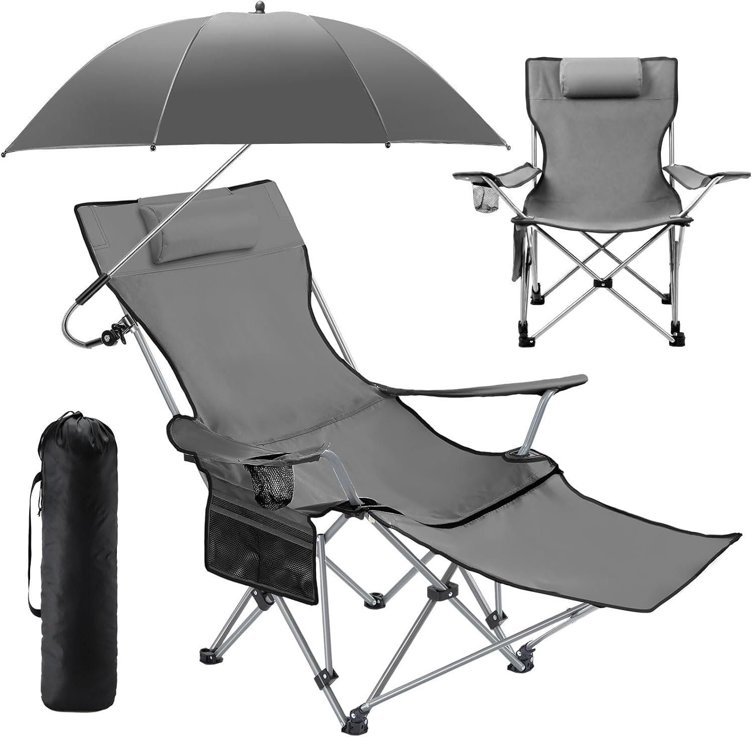 2-in-1 Reclining Camping Chair with 360° Umbrella Folding Lounge Beach Chair with Footrest and Universal Clamp UPF 50+ Adjustable Umbrella Portable Lightweight Seating for Adults Outdoor