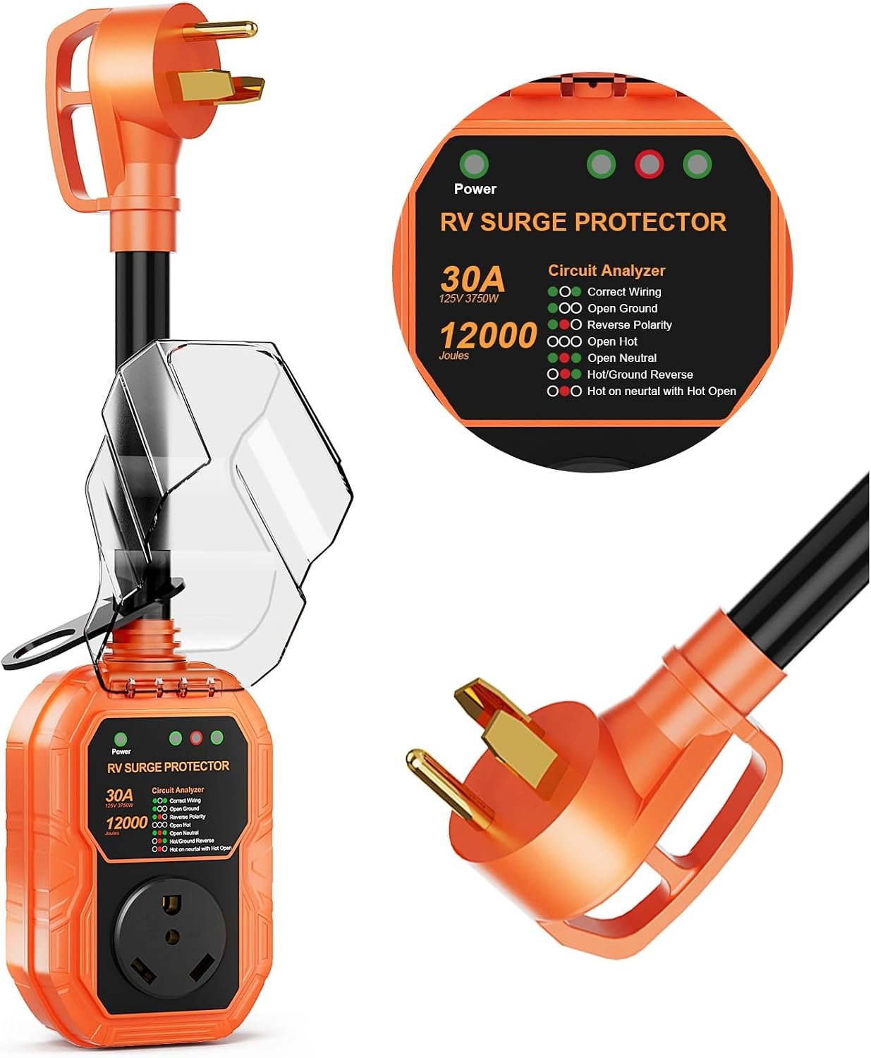 RV Surge Protector 30 Amp 12000J, Surge Protection RV Circuit Analyzer, RV Adapter Plug for Camper Travel Trailers with Waterpoof Cover, Plug and Play