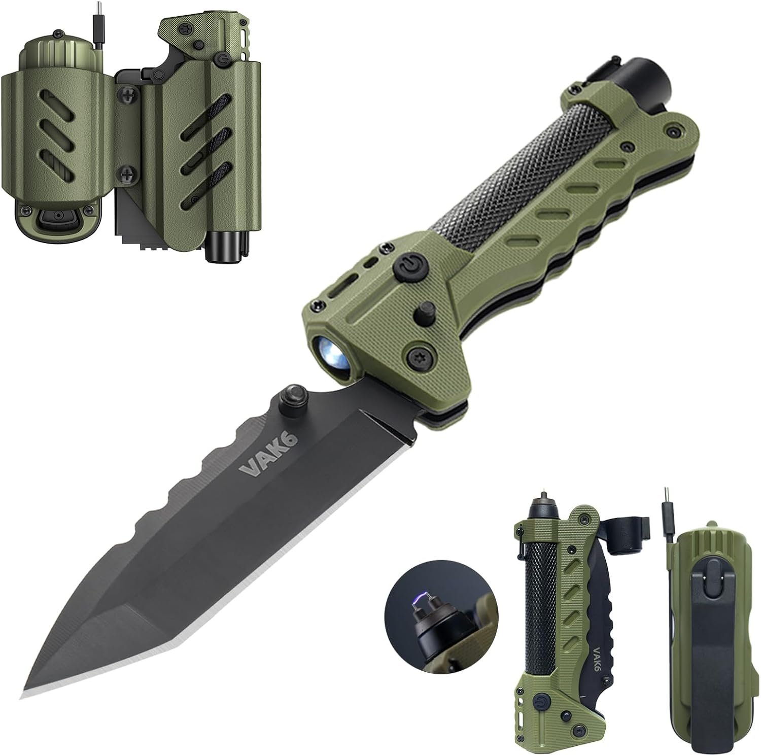 VIPERADE VAK6 Survival Multitool with Folding Knife, LED Flashlight, Pulse Ignition and Hand Crank Generator, Camping Multitool Knife Rechargeable Flashlight with Belt Sheath