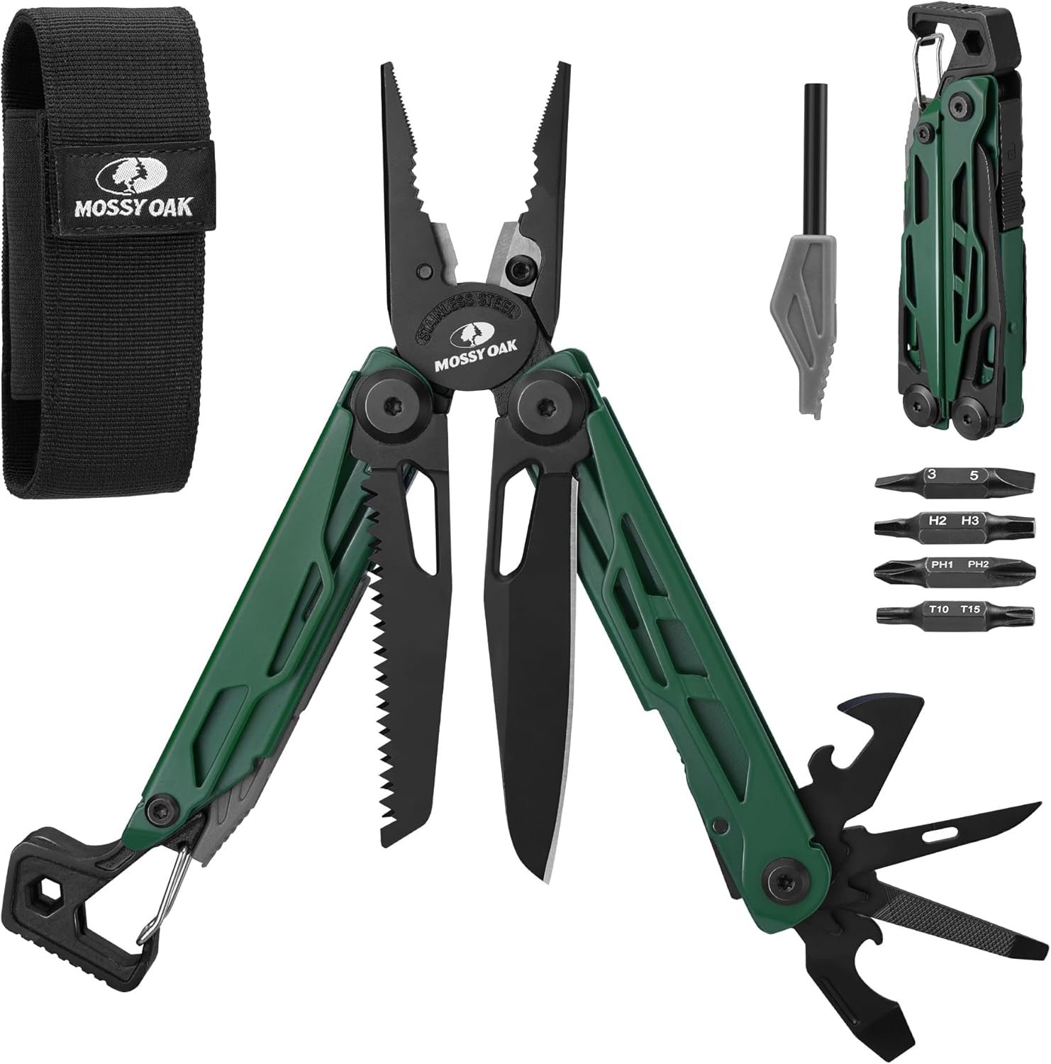 MOSSY OAK CNC-Machined Multitool Pliers, 27-in-1 Multi Tool with Pocket Knife, Fire Starter & Whistle, Bottle Opener, Screwdriver – Self-Locking Survival Tool for Camping & Hiking