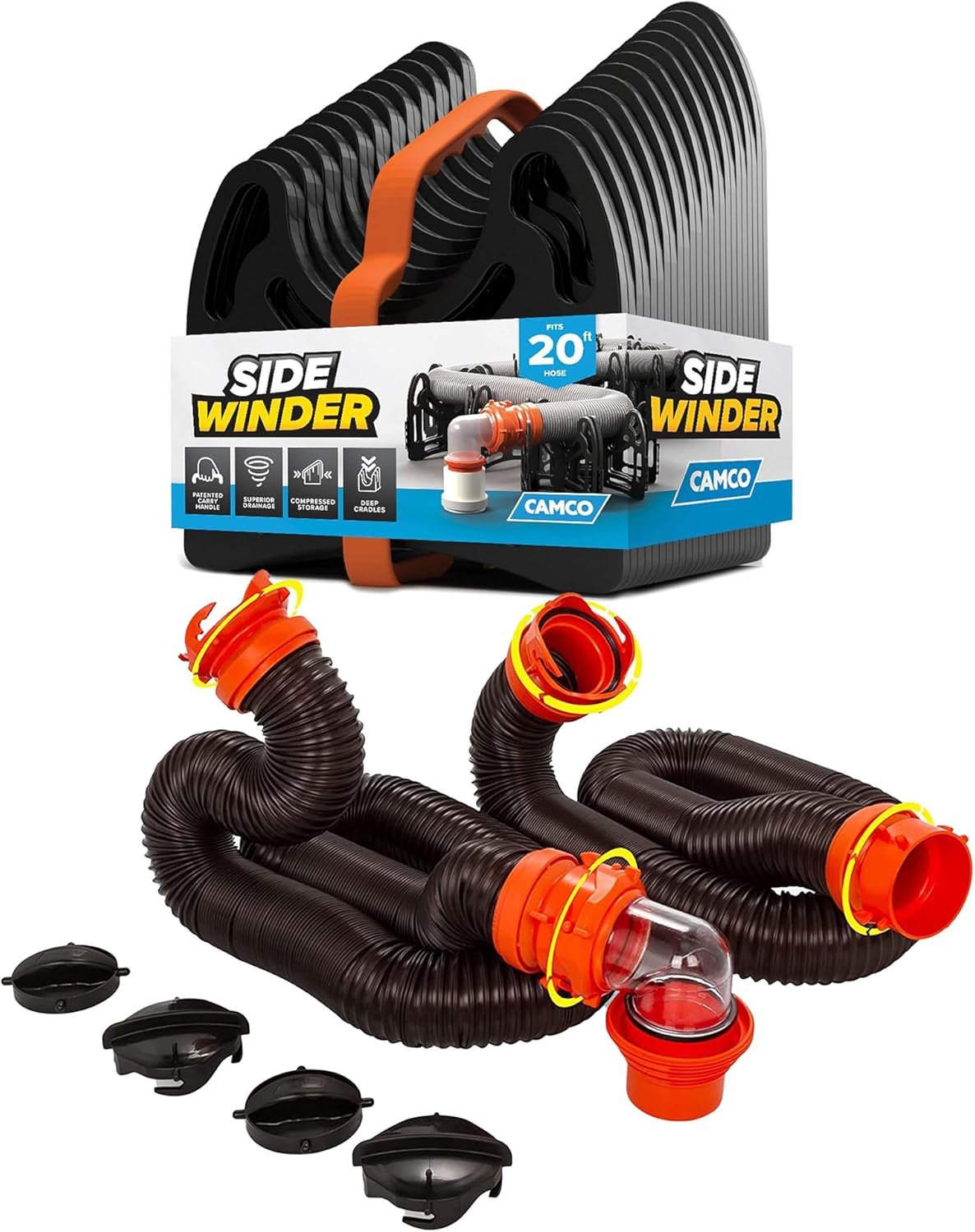 Camco RhinoFLEX 20 Ft RV Sewer Hose Kit with Flexible Sidewinder Support – Includes 4-in-1 Adapter, Clear Elbow and Caps – Fits 3” Slip and 3”, 3½”, 4” Threaded Connections
