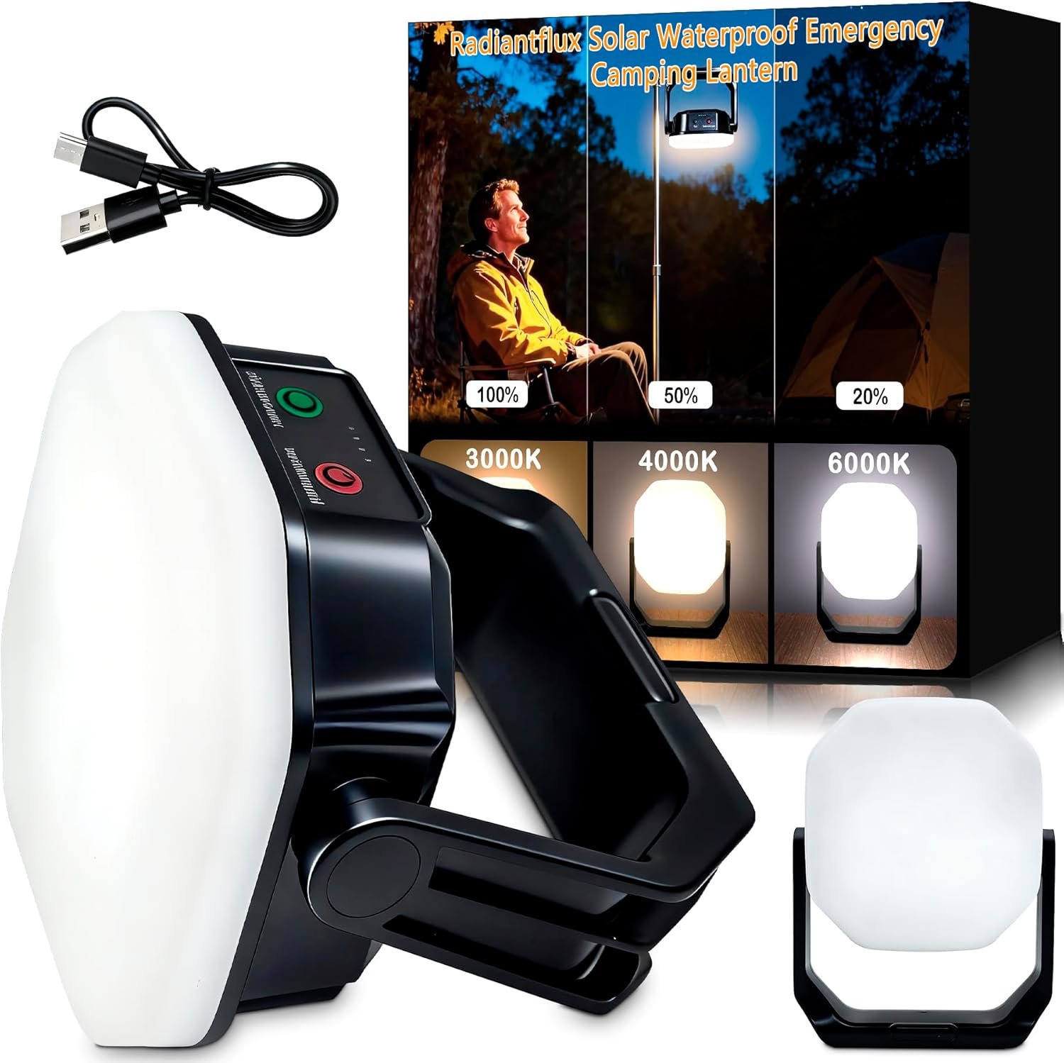 RadiantFlux Rechargeable Solar Camping Lantern, 6600mAh 4000LM Portable LED Tent Light Hanging w/ 3 Light Modes, IP65 Waterproof Emergency Lights for Camping Home Power outages & Hurricane Gear