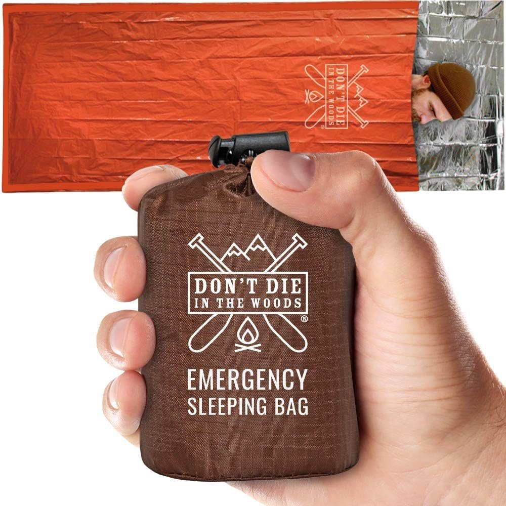 Don’t Die in The Woods – Emergency Sleeping Bag with Hood – Made with Extra Thick Thermal Mylar – for Hiking First Aid Kit Camping Blanket Survival Gear Essentials