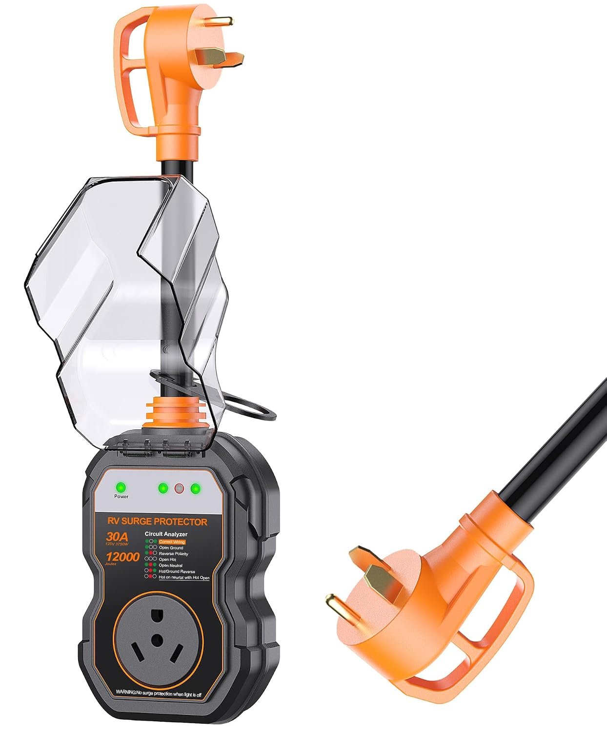 GEARGO 𝟑𝐭𝐡-𝐆𝐞𝐧 RV Surge Protectors 30 Amp, 𝐋𝐚𝐭𝐞𝐬𝐭 RV Circuit Analyzer, IP68 Surge Voltage Protection, RV Adapter Plug for Camper (Orange)