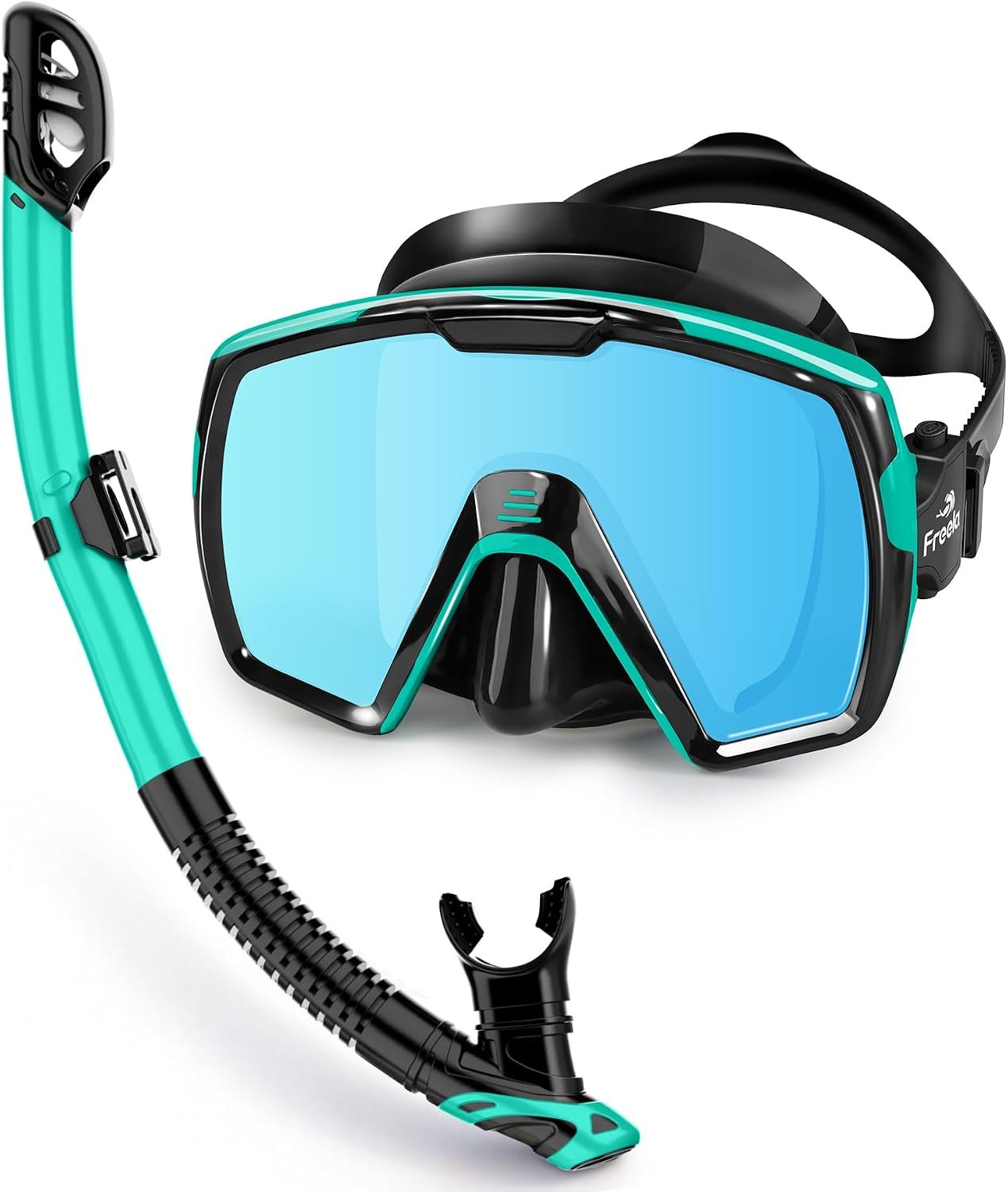 Freela Dry Snorkel Set for Adults Youth Kids, Scuba Diving Mask with Nose Cover, Anti-Fog 180° Wide View Mirrored Lens Snorkeling Gear for Men Women