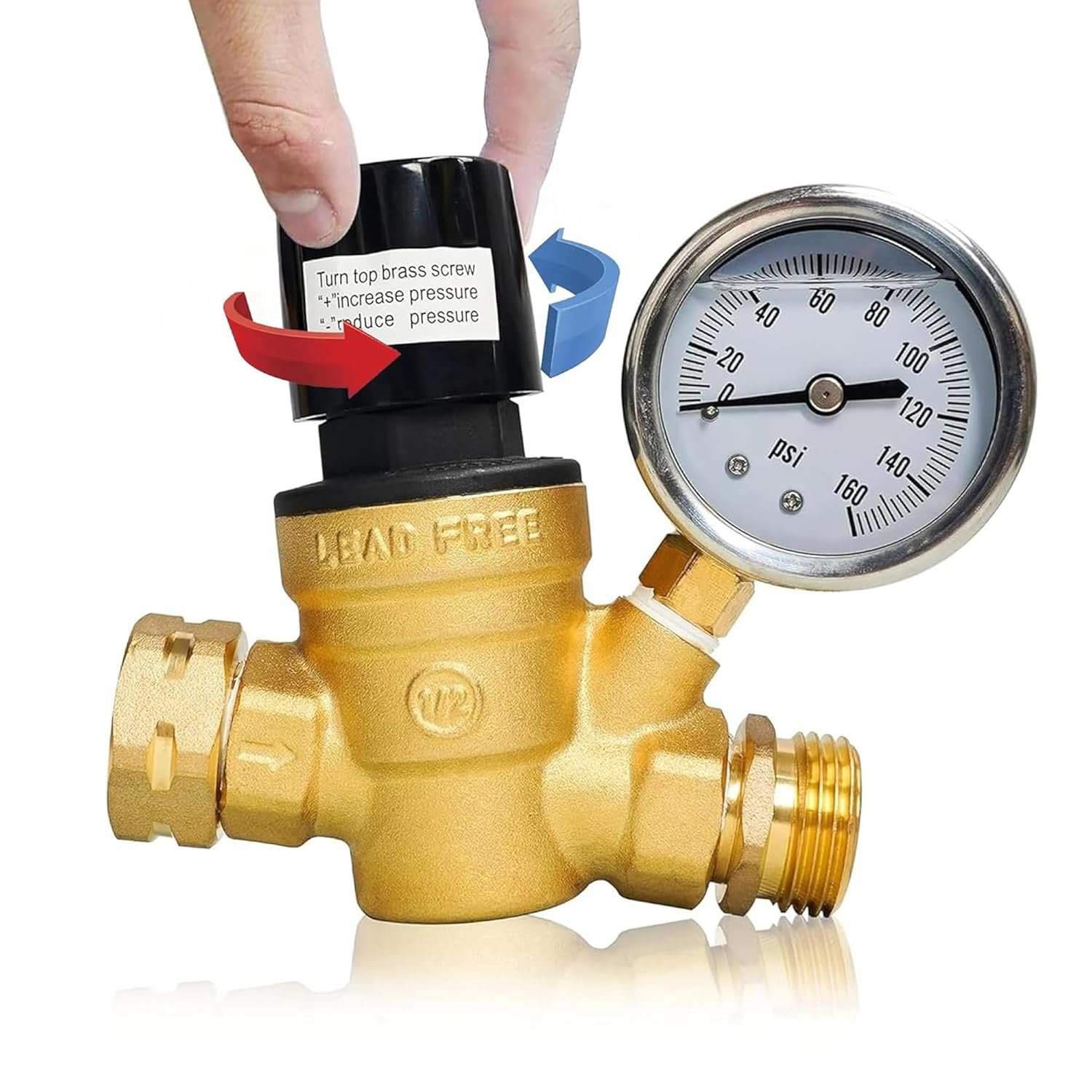 Hourleey RV Water Pressure Regulator, Adjustable Handle Brass Water Pressure Regulator, Water Pressure Reducer with Gauge and Inlet Screened Filter for RV Camper Travel Trailer