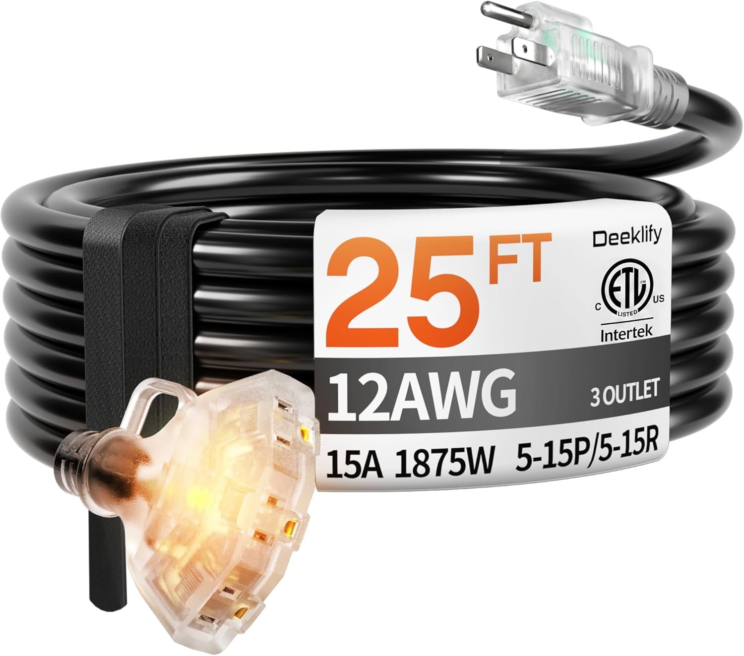 25 ft 12 Gauge Heavy Duty 3 Outlet Extension Cord Splitter with Indicator, Waterproof Outdoor Extension Cord with Multiple Outlets, 15A 1875W for Home & Workshop, ETL Listed, Black SJTW