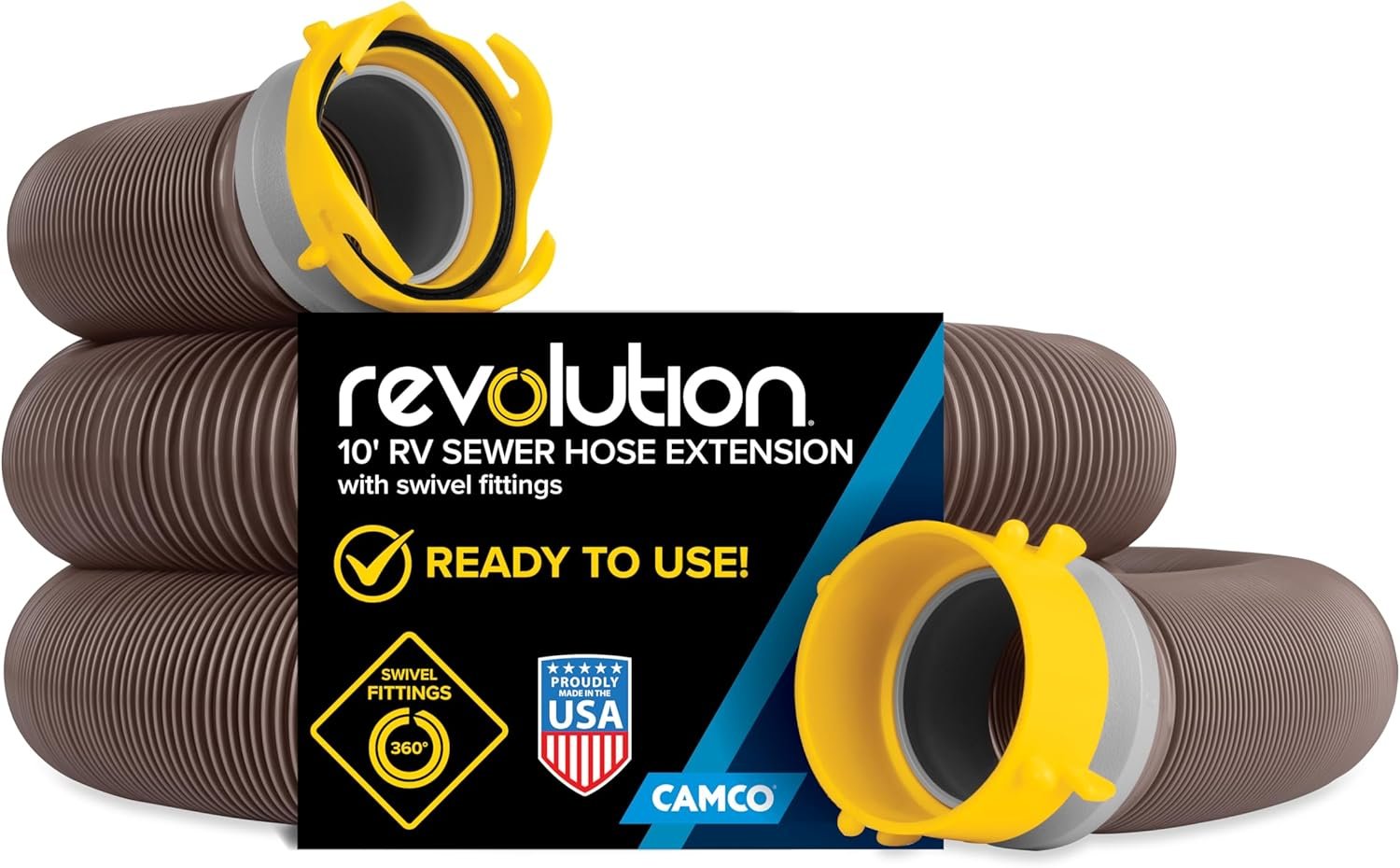 Camco Revolution 10-Foot Camper/RV Sewer Hose Kit – Features Pre-Attached 360-Degree Rotating Fittings – Includes Wire Guards (39639)
