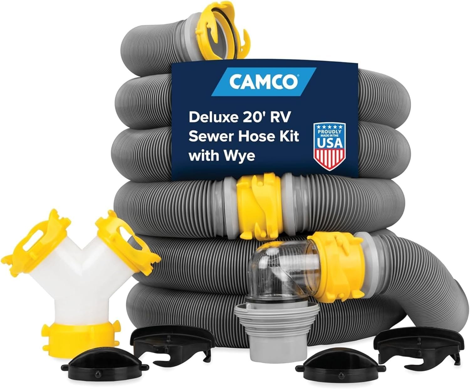 Camco Deluxe 20′ Sewer Hose Kit with Swivel Fittings and Wye Connector – Ready To Use Kit Complete with Sewer Wye and Elbow Fittings, Hoses, and Storage Caps (39666)