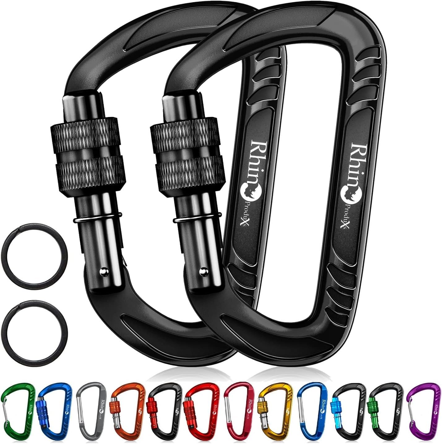 Rhino Produxs 12kN Heavy Duty Carabiner Clips | 2697 lbs Capacity, For Pets, Outdoor, Camping, Hiking, Hammock, Dog Leash Harness, Keychains