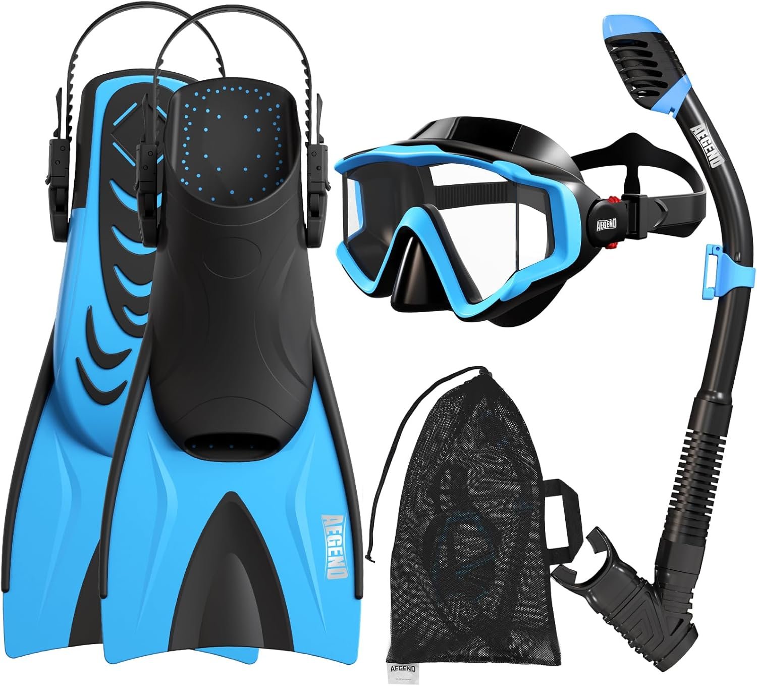 Aegend Snorkeling Gear for Kids Youth – 4-in-1 Snorkel Set with Anti-Fog Mask, Dry Snorkel & Adjustable Fins for Swimming, Diving, Snorkeling, Beach Vacation – Includes Travel Mesh Bag