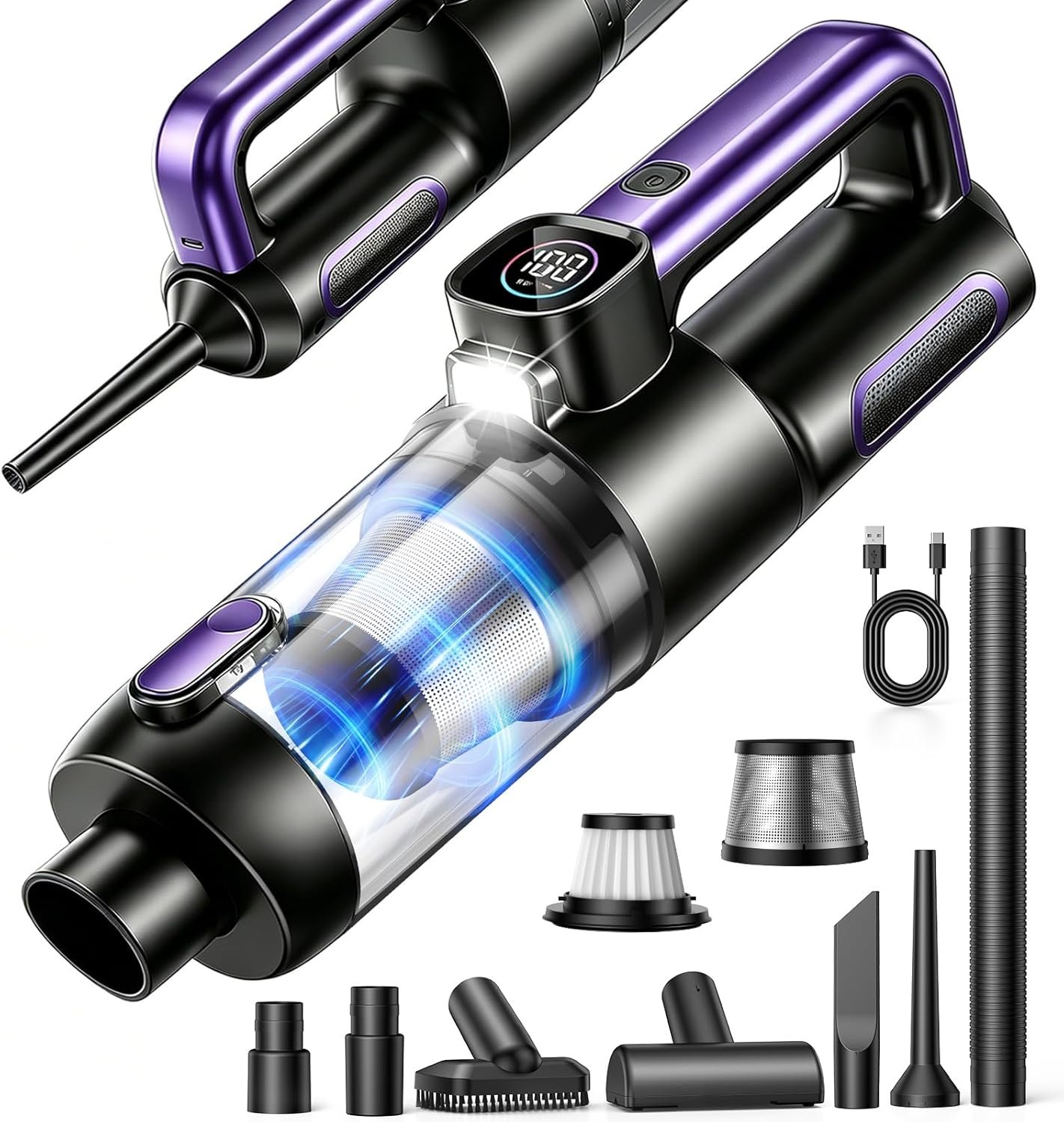 Car Vacuum Portable Cordless, 4-in-1 18000Pa Handheld Vacuum Cordless with LED Light, 120W Brushless Motor, 6000mAh Rechargeable Hand Mini Vacuum with Multi-Nozzles for Car, Home, Office & Pet Hair
