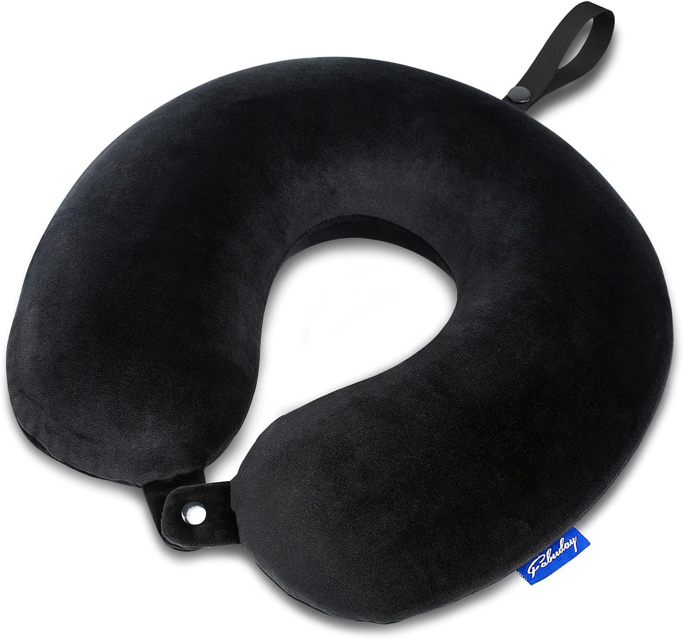 Fabuday Memory Foam Travel Pillows for Airplanes – Neck Pillow for Traveling with Attachable Snap Strap Soft Washable Cover, Flight Pillow for Sleeping, Car, Home, Office, Black