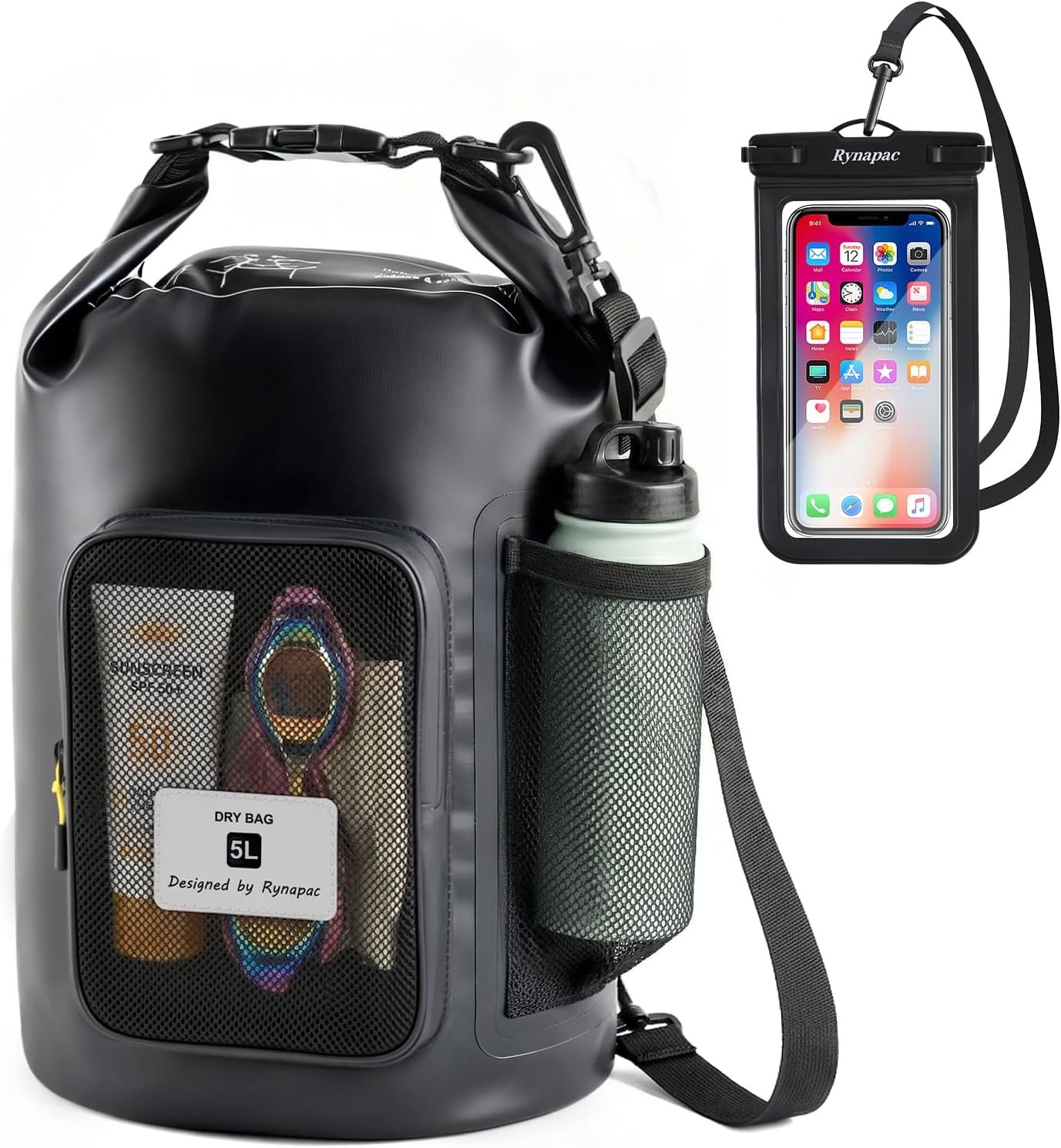 5L Waterproof Dry Bag with Bottle Holder & Mesh Pocket, 500D PVC Tarpaulin Roll Top Dry Sack with Inner Waterproof Adsorption Film, Lightweight Dry Bag for Kayaking, Beach, Boating, Fishing, Travel