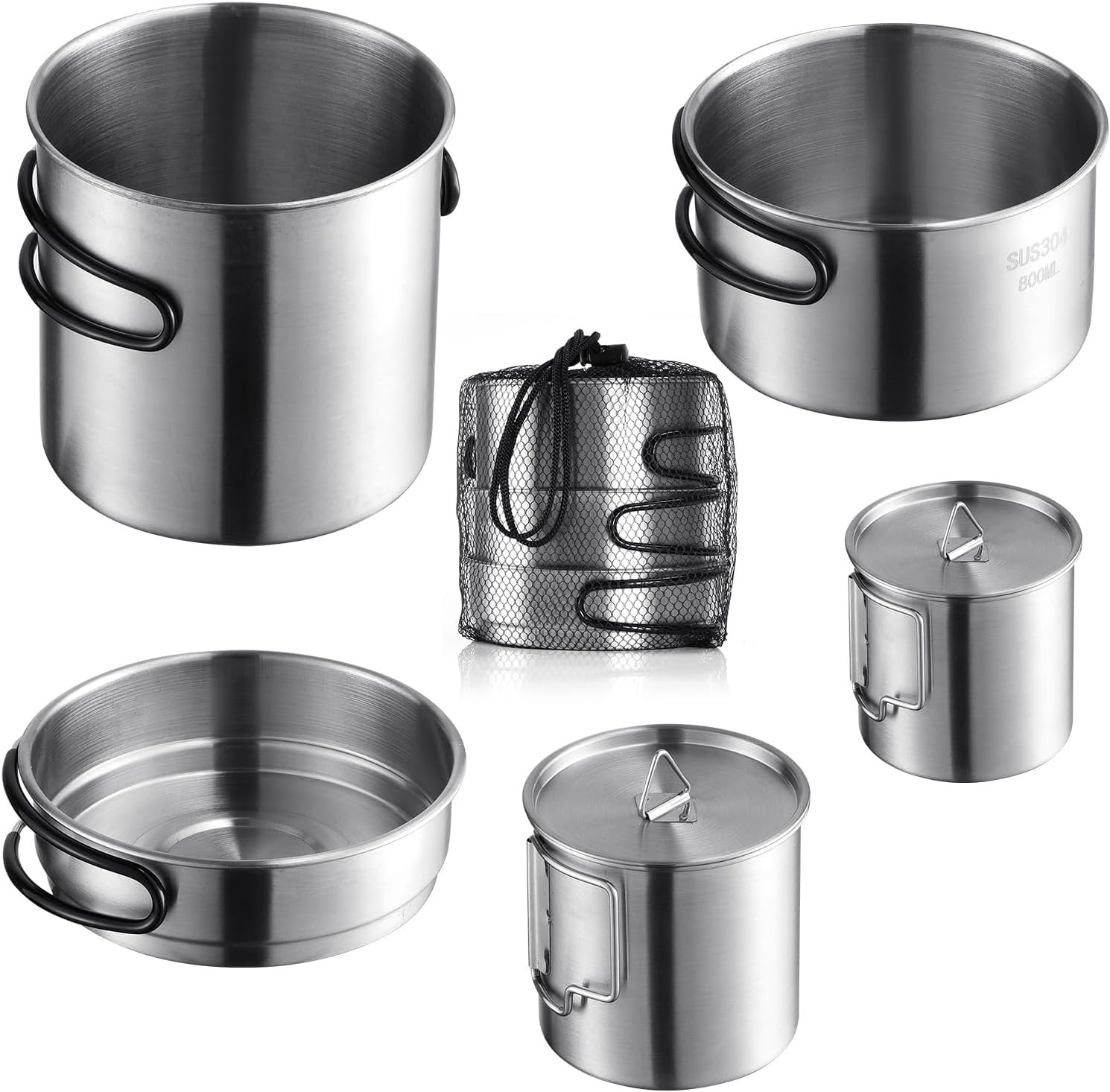Stainless Steel Camping Cookware Mess Kit – Portable Backpacking Cooking Set with Pot/Plates/Cups & Storage Bag, Outdoor Cookware for Hiking, Picnic, Camping & Backpacking Adventures（8PCS）