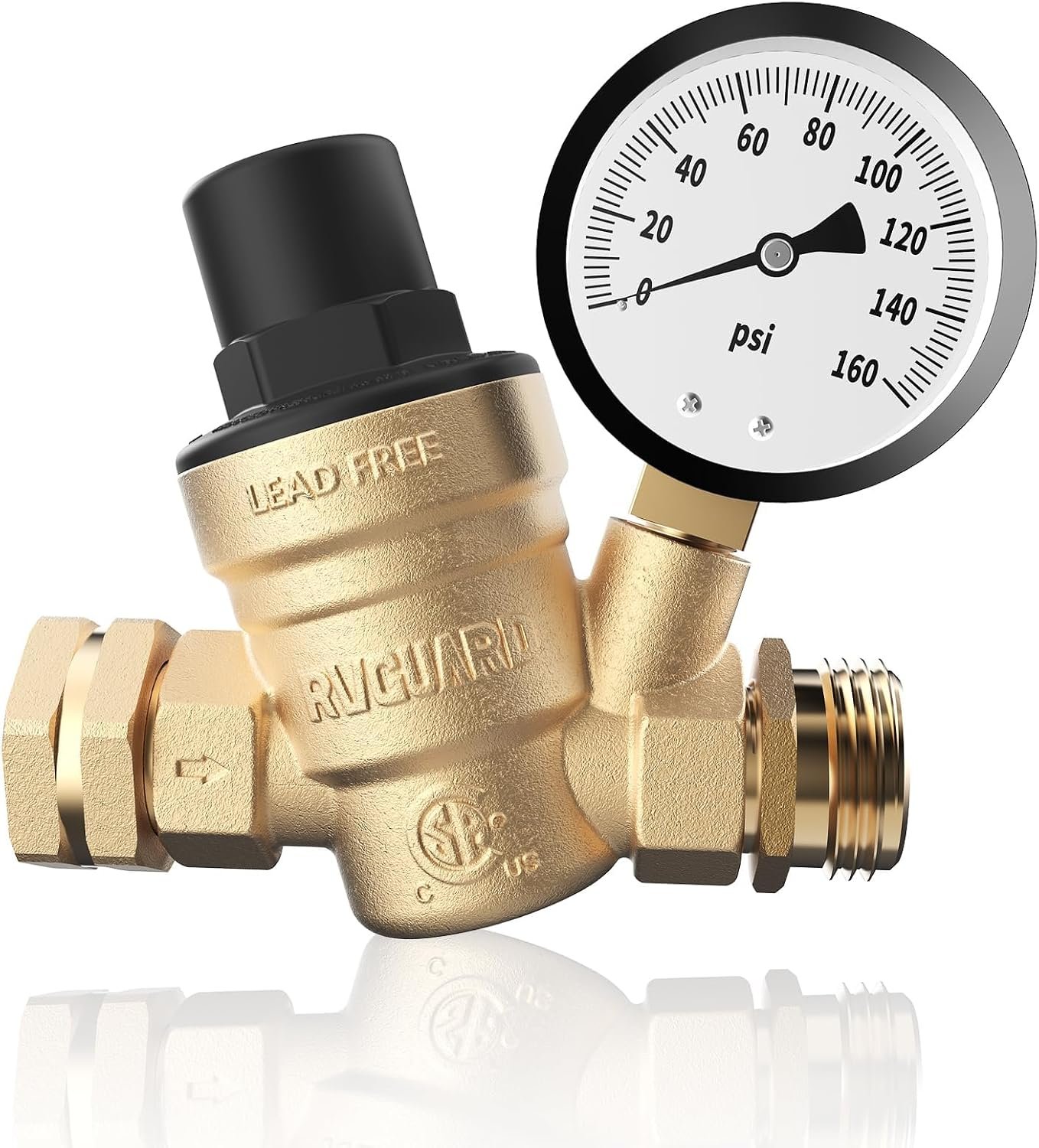 RVGUARD RV Water Pressure Regulator Valve, CSA Approved, Lead-Free Brass Adjustable Water Pressure Reducer with Gauge and Inlet Screen Filter for RV Camper Travel Trailer