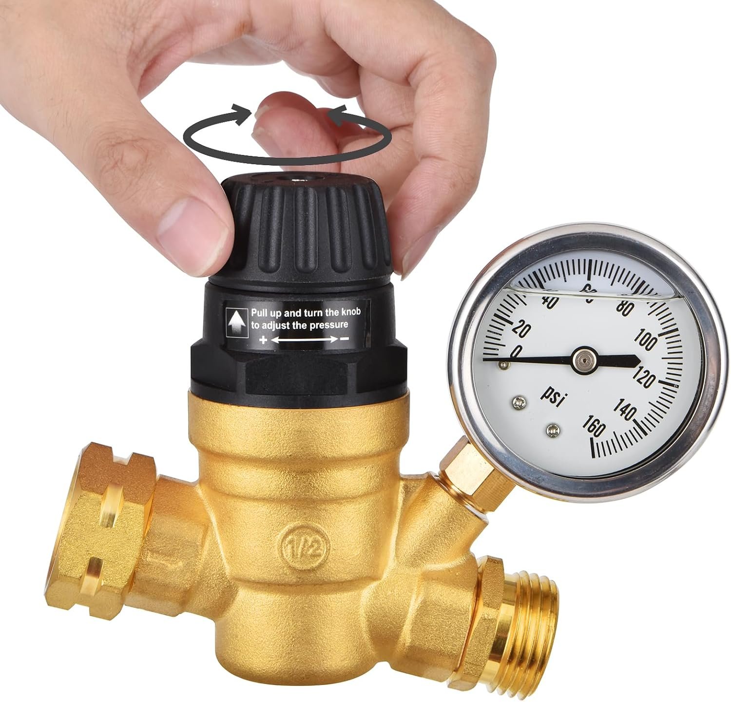 BRIGHTDECK RV Water Pressure Regulator, Lead-Free Brass Adjustable Handwheel with Gauge & Inlet Screened Filter, Universal for RV Camper Travel Trailer Home Plumbing