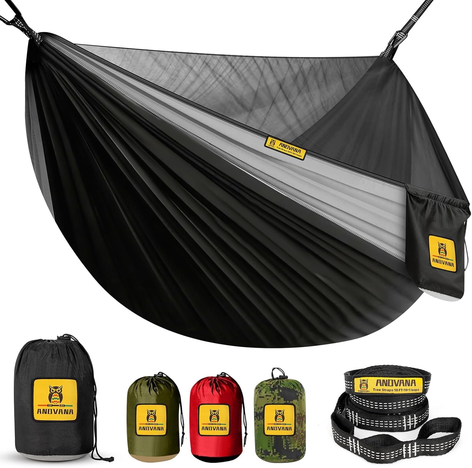 Camping Hammock with Mosquito Net, 500 lbs Portable Hammock with Tree Straps, 2-in-1 Double/Single Travel Hammock Tent for Outside/Indoor/Backpacking/Beach – Black & Grey