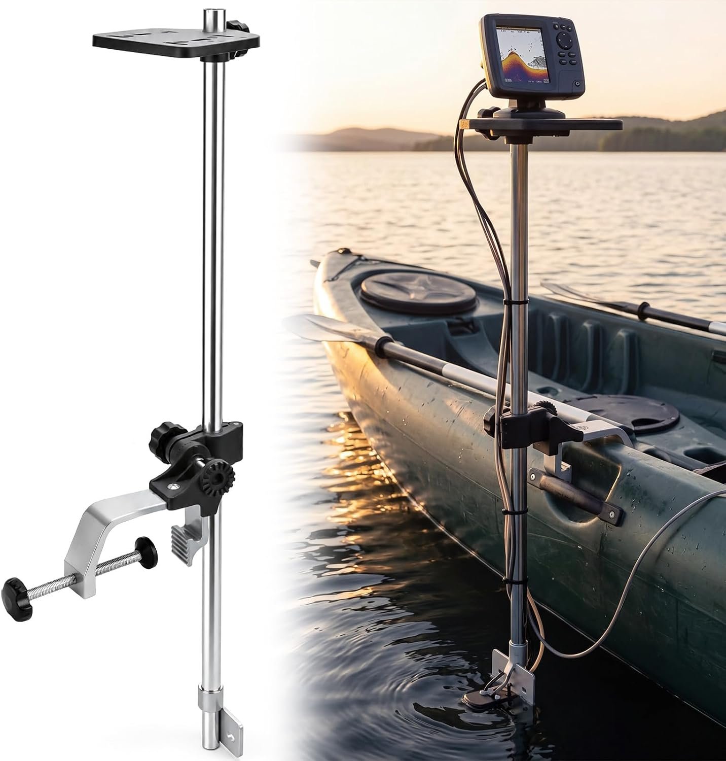 Tellegloww 32-51 Inch Transducer Pole with Deck Mount 360 Degree Telescopic Fish Finder Mount for Most Live Sonar and Fish Finder Transducers for Freshwater and Saltwater Boats Canoes, and Kayaks