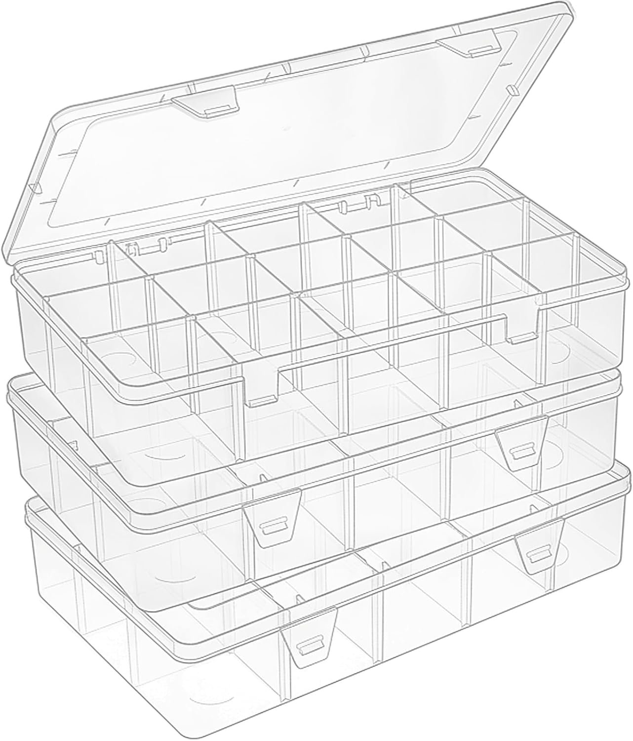 SGHUO 3 Pack 15 Grids Large Plastic Storage Organizer Box,15 Compartments with Dividers for Tackle Box, Beads, Washi Tape, Ribbon, Crafts, Art Supply 10.9X6.5X2.2inch