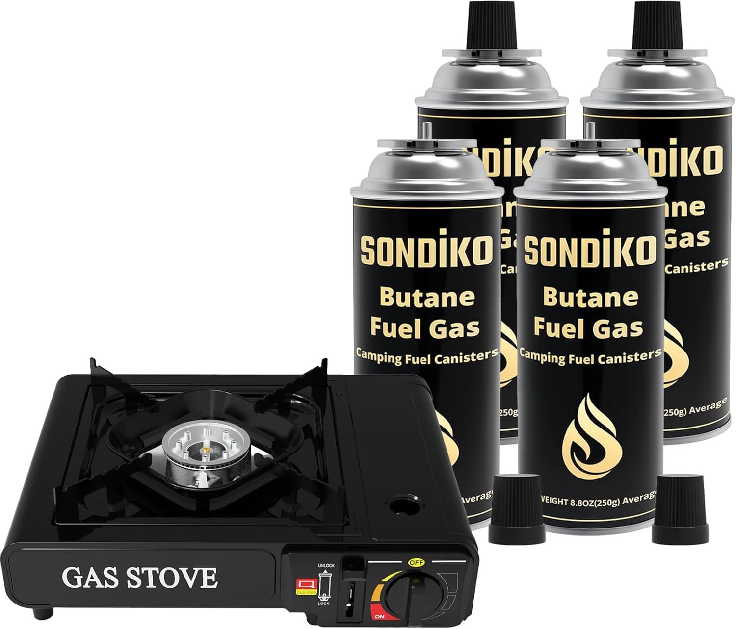 Sondiko Outdoor Camping Stove, Portable Camping Stove with Butane Gas, Butane Fuel Tanks for Stove, Butane Fuel Canister-Explosion Proof – RVR System(1 Stove with 4 Butane Can)