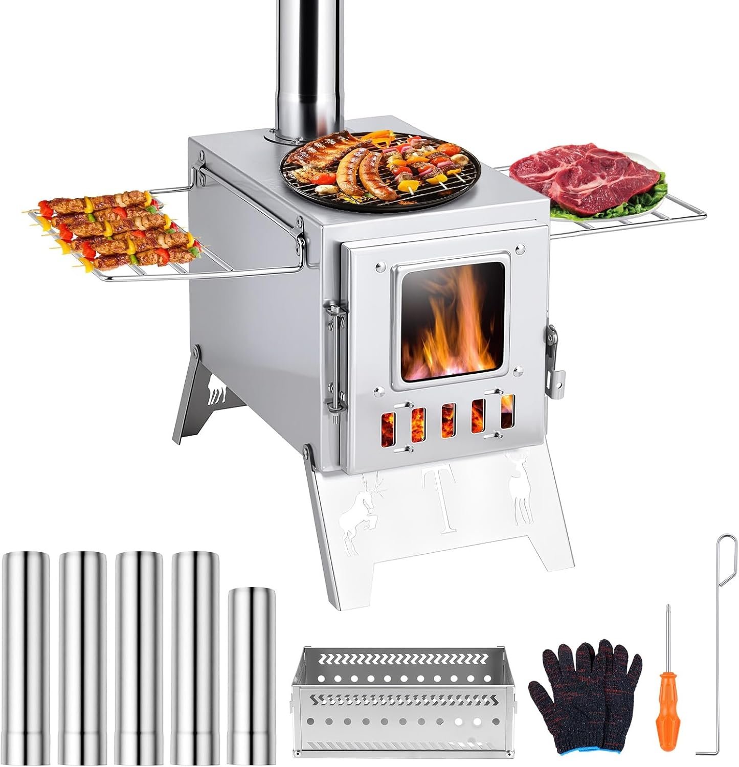 Hot Tent Stove, Wood Burning Stove, Portable Wood Stoves with 5 Stainless Pipes and Stone Box, for Outdoor Camping Heating & Cooking, Hunting, Ice Fishing, Boiling Water