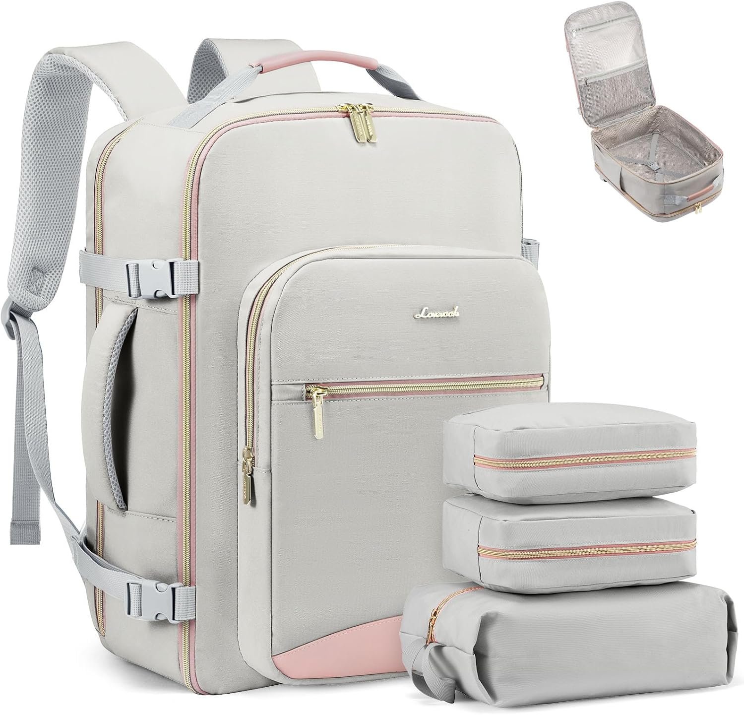 LOVEVOOK 40L Travel Backpack Flight Approved Carry on Backpack,3 Packing Cubes,Waterproof Personal Item Travel Bag,TSA Carry on Luggage Suitcase Travel Essentials,Gifts for Women & Men,fits 17″ Laptop