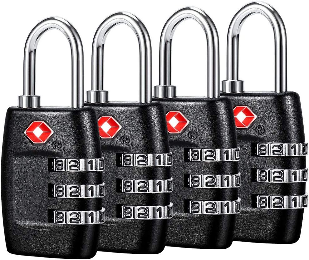 TSA Luggage Locks (4Pack) – 3 Digit Combination Padlocks – Approved Travel Lock for Suitcases & Baggage (Black)