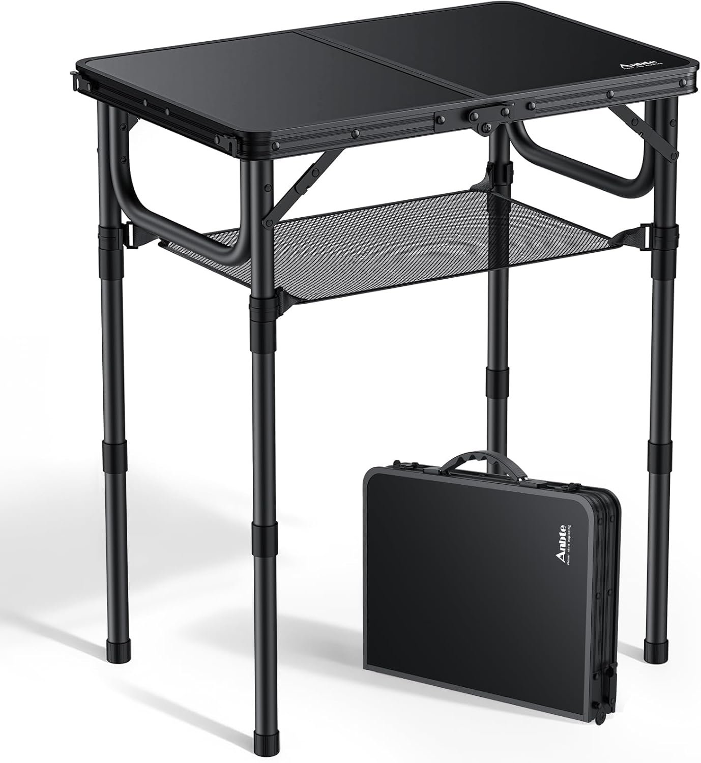 Anbte Folding Camping Table with Storage Net, Pure Black Aluminum 2ft Picnic Table 23.2″ x 16″ Outdoor Table Adjustable Height Max 27.5″, Lightweight, Waterproof, Portable Handle for Travel Cooking