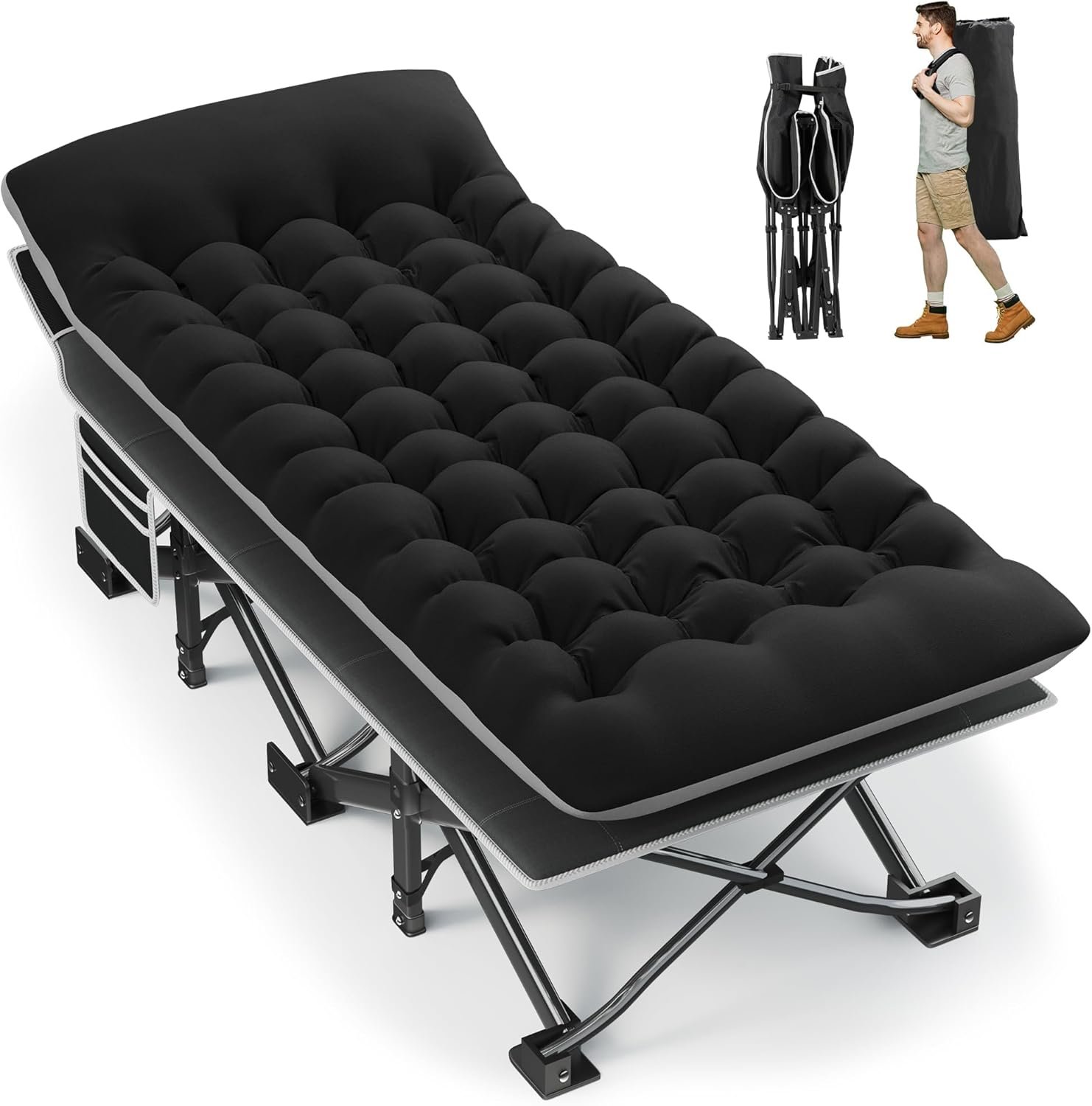 Fragess Portable Camping Cot, 32″ Extra Wide Camping Cots for Adults with Thick Mattress, Heavy Duty Sleeping Cot Holds Up to 600LBS, Cots for Sleeping, Rv, Beach, Patio, Office Naps(Black)
