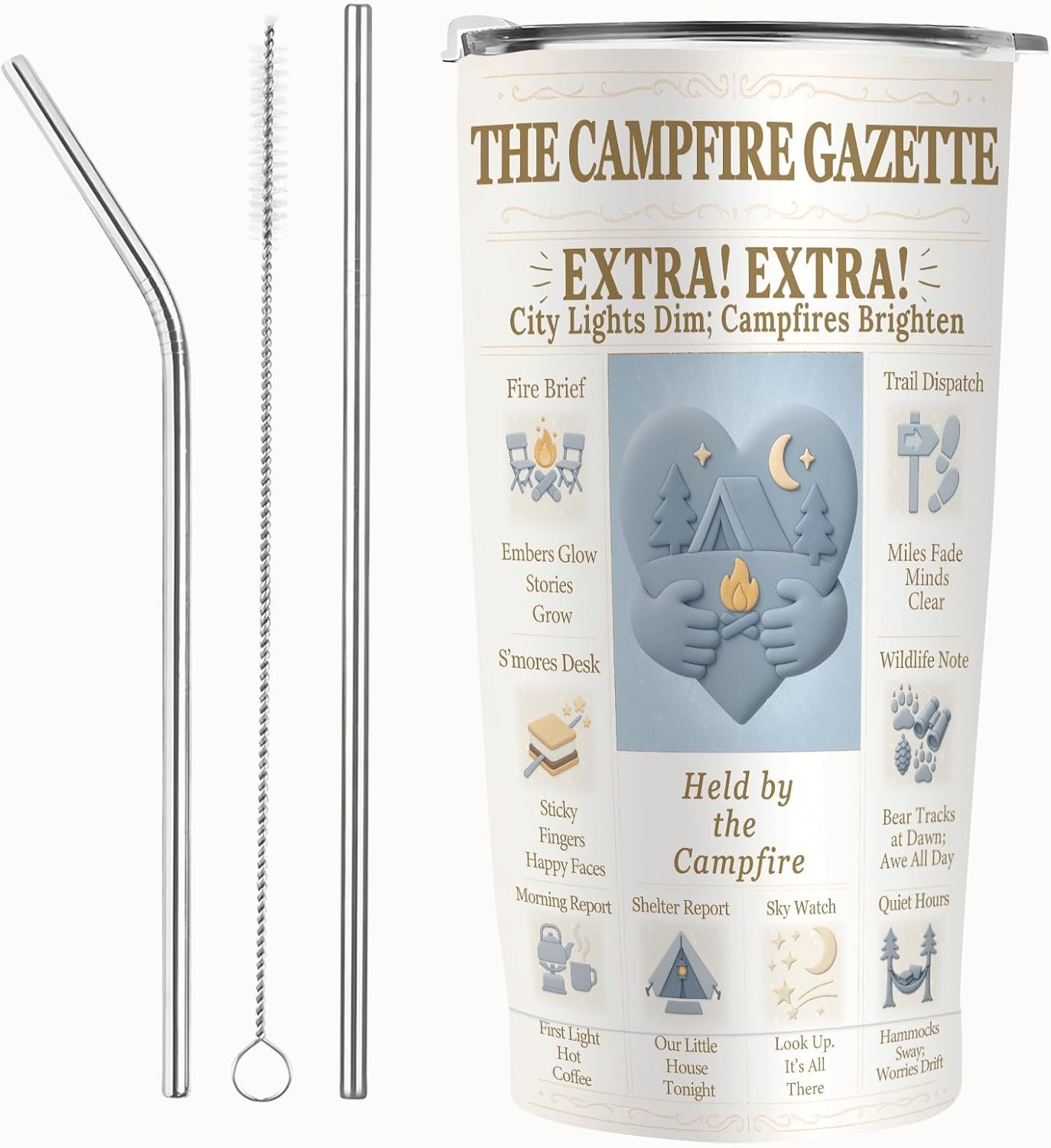Camping Tumbler 20 oz Stainless Steel Travel Cup with Lid, Vintage Camp Newspaper Design, Tent & Trees Night Sky Art, Outdoor Coffee Mug, Gift for Campers Men Women